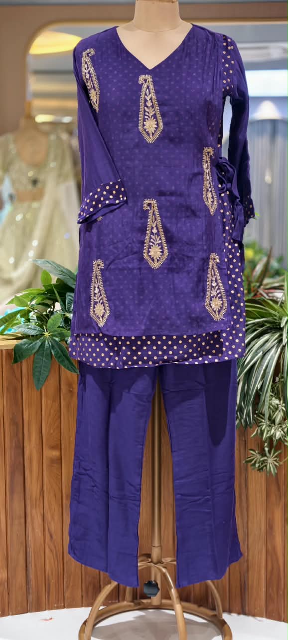 Pyramid Mango Buti Embroidered Overlay Side Knotted Kurta With Matching Bottom Set- 16937