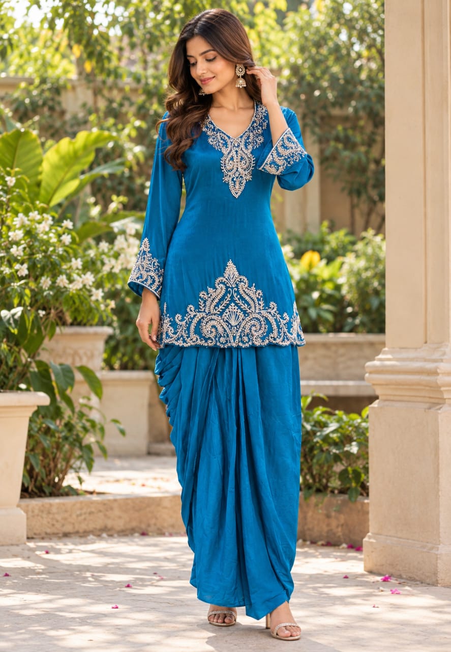 Premium Teal Blue & Emerald Green Embroidered Drape Co-Ord Saree Set with V-Neck Kurti and Intricate Silver Zari Work- 16961