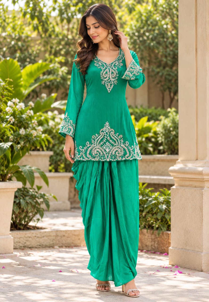 Premium Teal Blue & Emerald Green Embroidered Drape Co-Ord Saree Set with V-Neck Kurti and Intricate Silver Zari Work- 16961