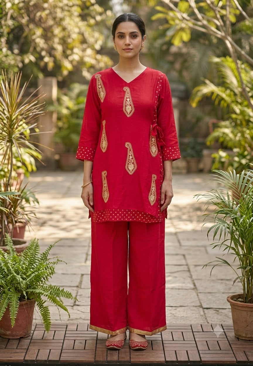 Pyramid Mango Buti Embroidered Overlay Side Knotted Kurta With Matching Bottom Set- 16937