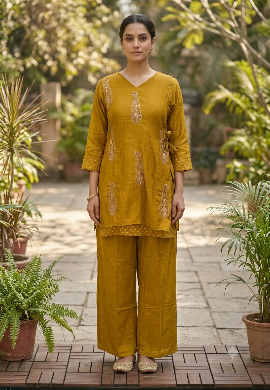 Pyramid Mango Buti Embroidered Overlay Side Knotted Kurta With Matching Bottom Set- 16937