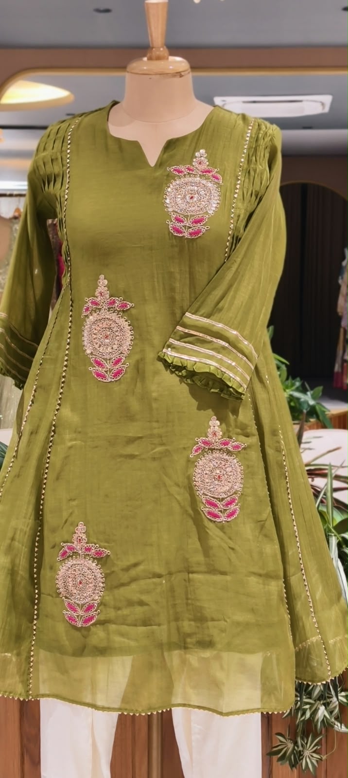 Pure Mulchanderi Scattered Embroidered A-line Short Length Kurta with Tulip Bottom- 16930