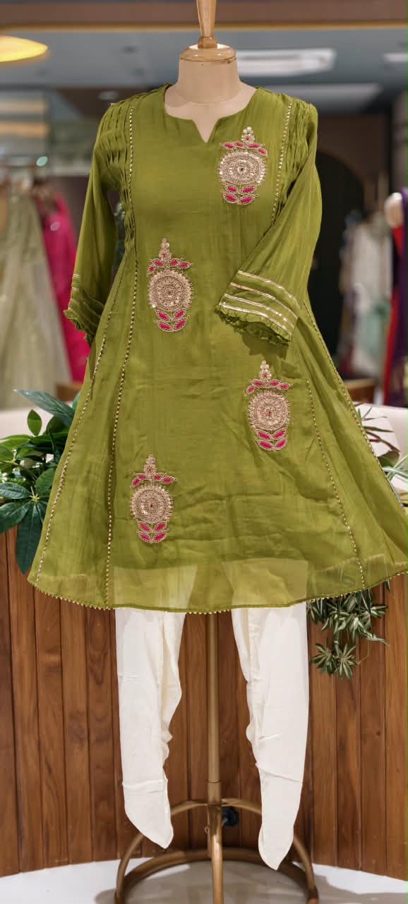 Pure Mulchanderi Scattered Embroidered A-line Short Length Kurta with Tulip Bottom- 16930
