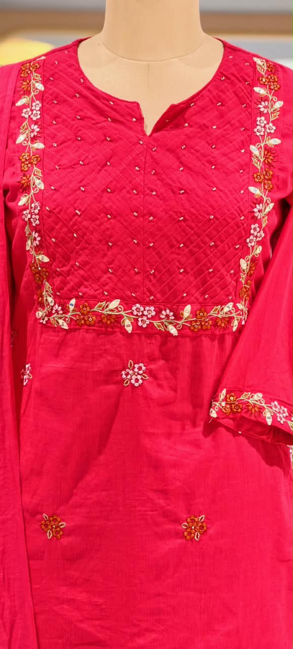 Fine Floral Embroidery Outlines Soft Cotton Matching Full Suit Set With Dupatta- 16980