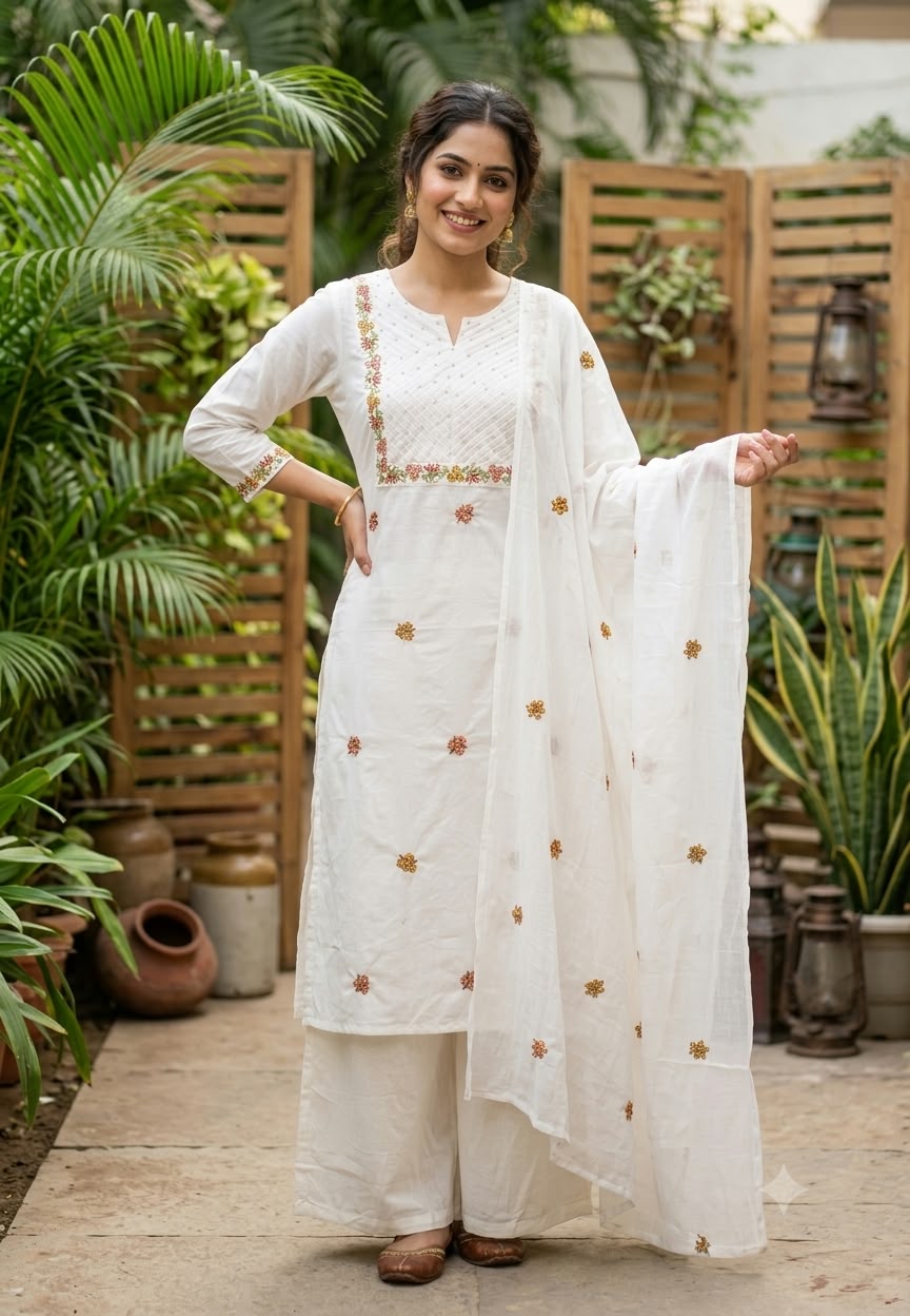 Fine Floral Embroidery Outlines Soft Cotton Matching Full Suit Set With Dupatta- 16980