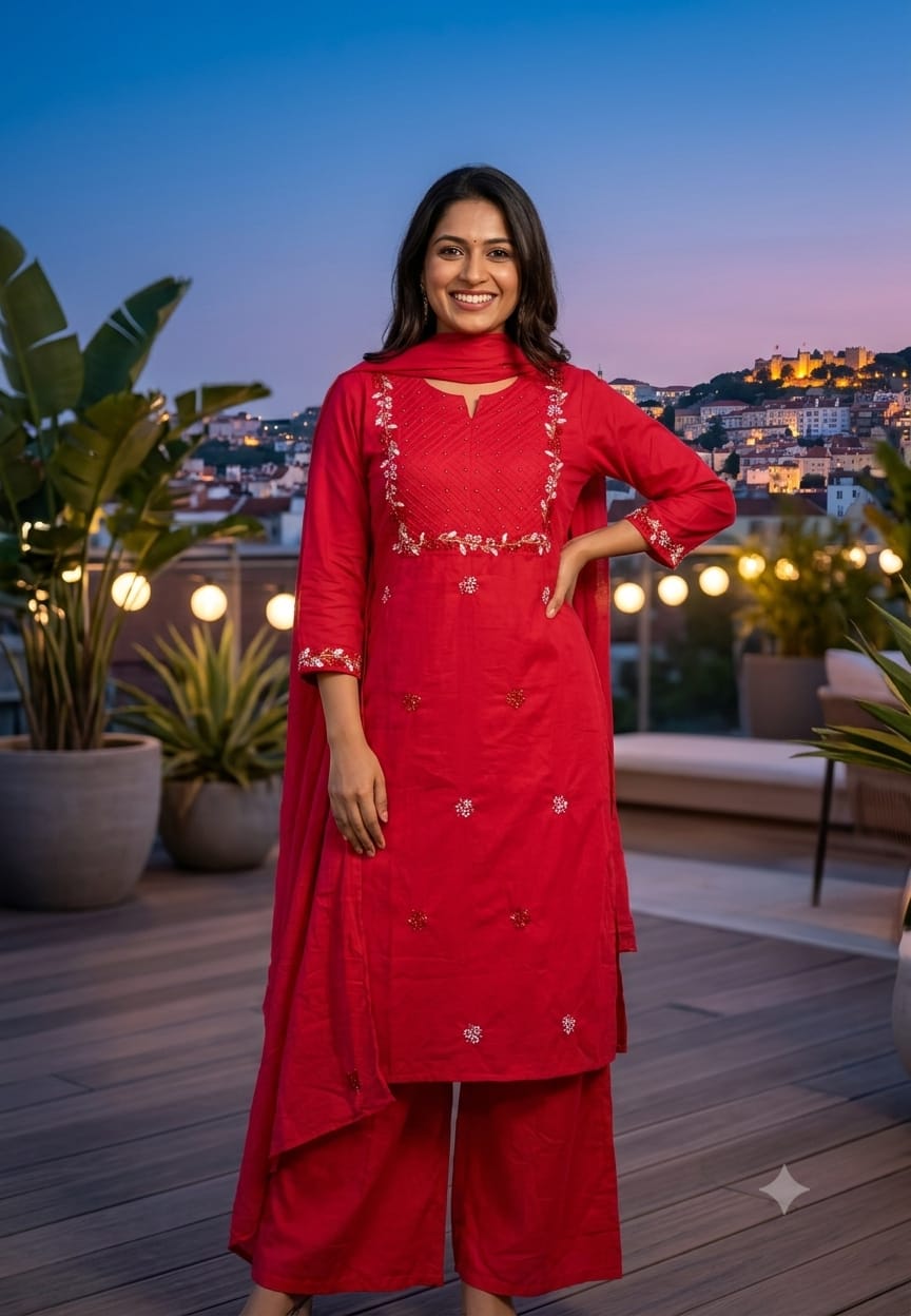 Fine Floral Embroidery Outlines Soft Cotton Matching Full Suit Set With Dupatta- 16980