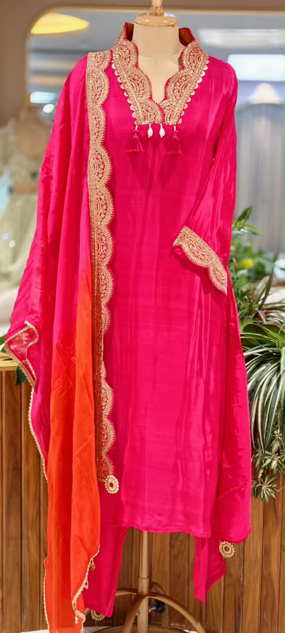 Pure crepe Broad Lace Aline solid Shade Full suit with Shaded Organza Dupatta 16996
