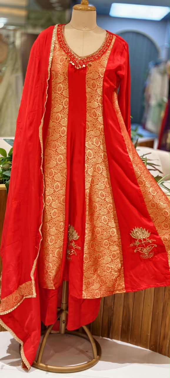 Russian Silk Brocade Panel Aline Elegant Full Suit Set- 16776