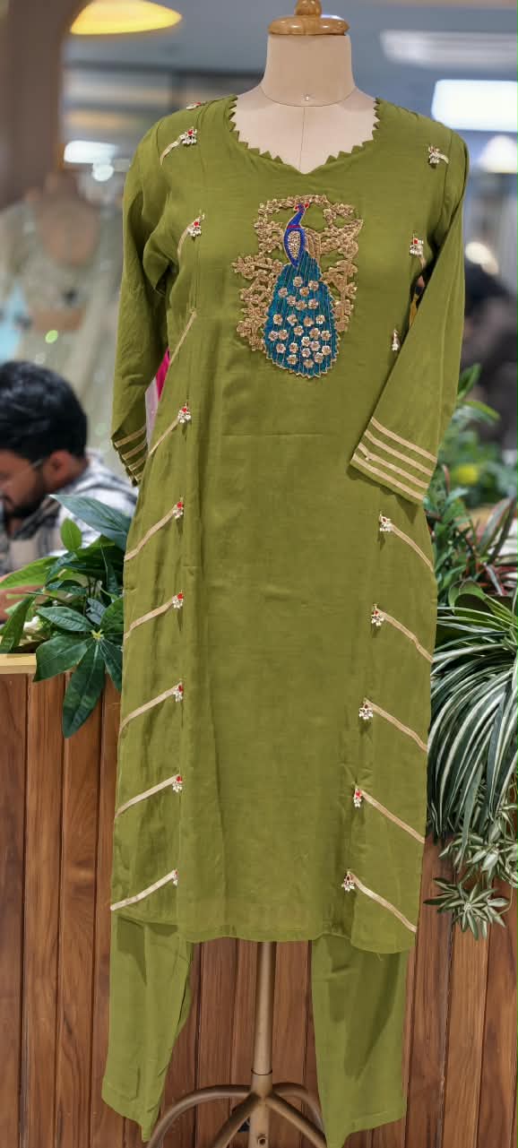 Pure Mulchanderi Elephant Embroidered Gotta Work Aline Full Suit Set- 16946