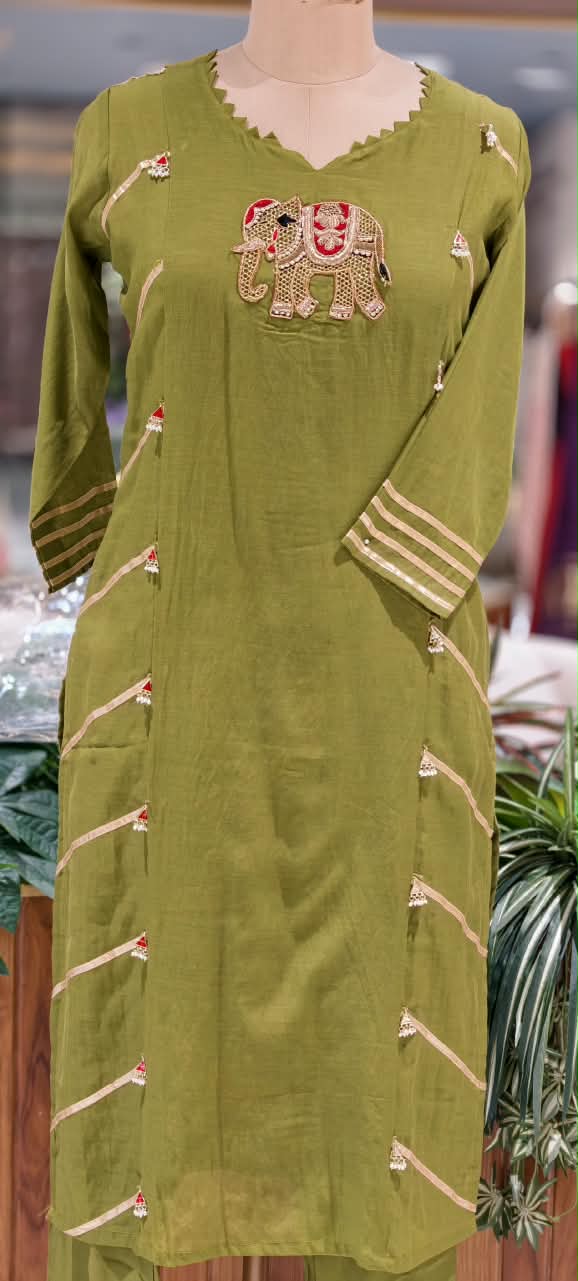 Pure Mulchanderi Olive Green Set with Peacock Embroidery 16945
