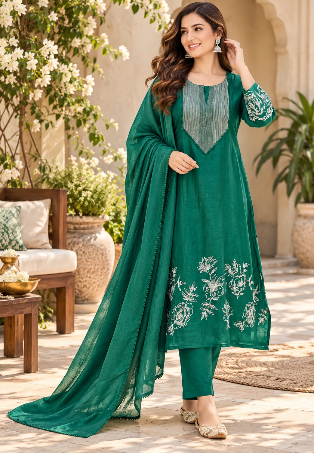Pure Banarsi Mulchanderi With Floral Embroidered Full Suit Set - 16777