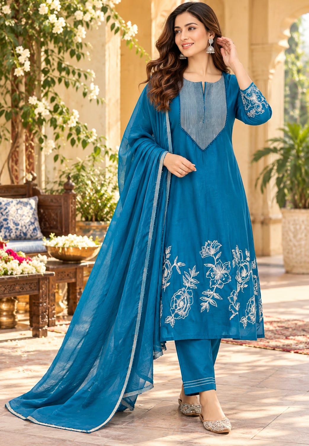 Pure Banarsi Mulchanderi With Floral Embroidered Full Suit Set - 16777