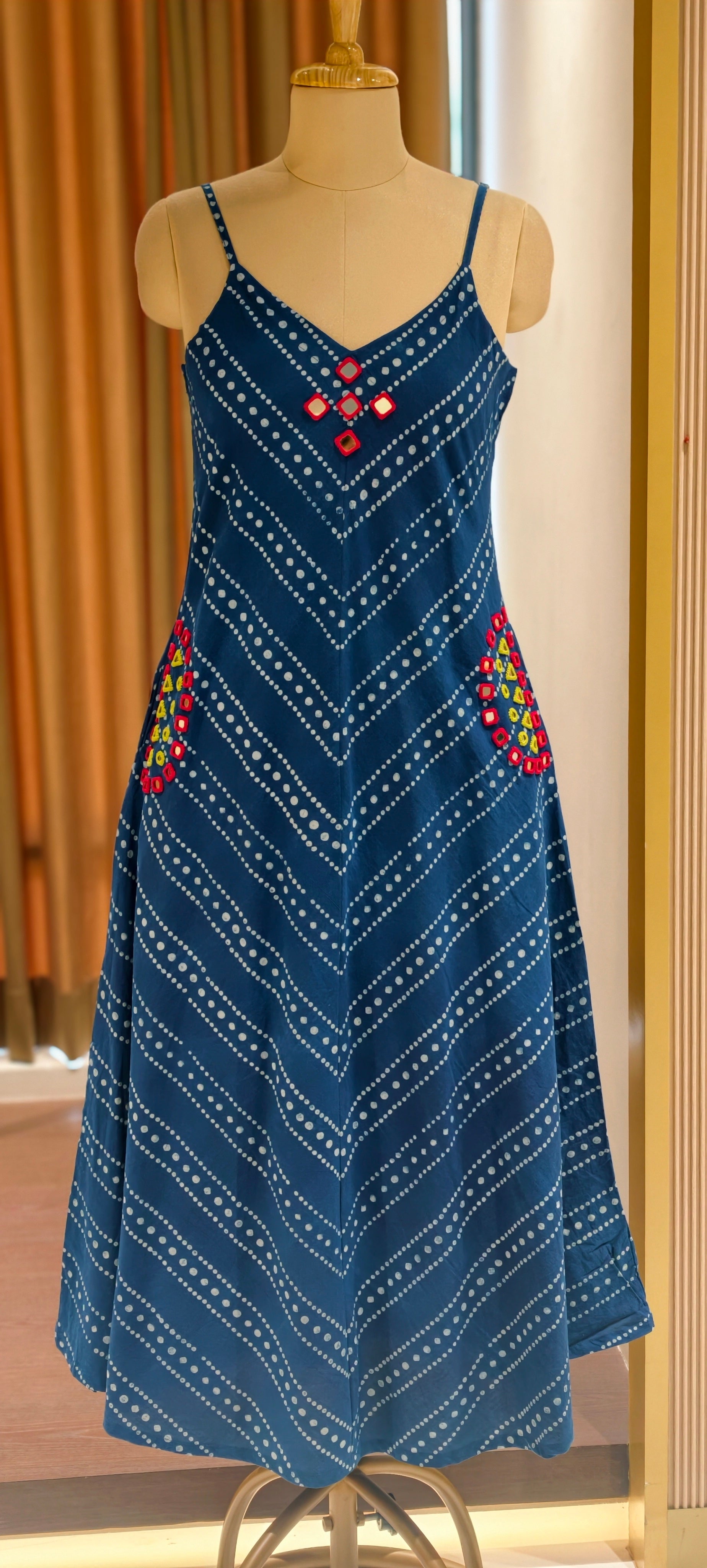 Indigo Handloom Cotton Noodle Strap Sleeveless Frock with Bandhani Print & Pockets-14180 RB175