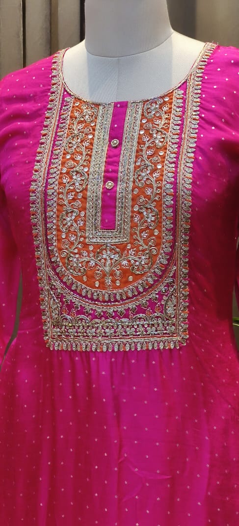 Dola Silk Embroidered Kurta Set with Heavy Zari & Thread Work Yoke, Matching Pants, and Pom-Pom Detailed Dupatta-12706,12705