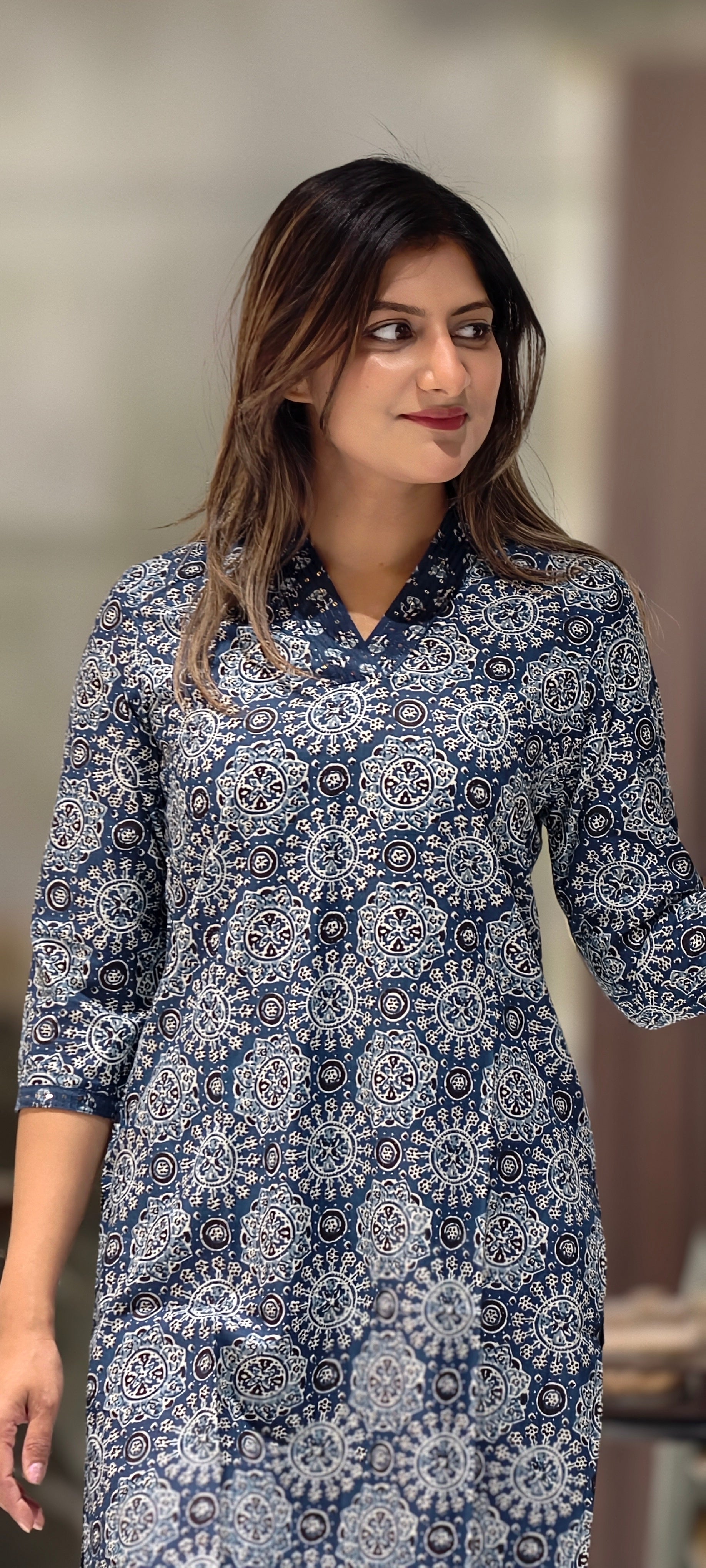 Soft Cotton Small Block Prints V-Neck Only Kurti-15875