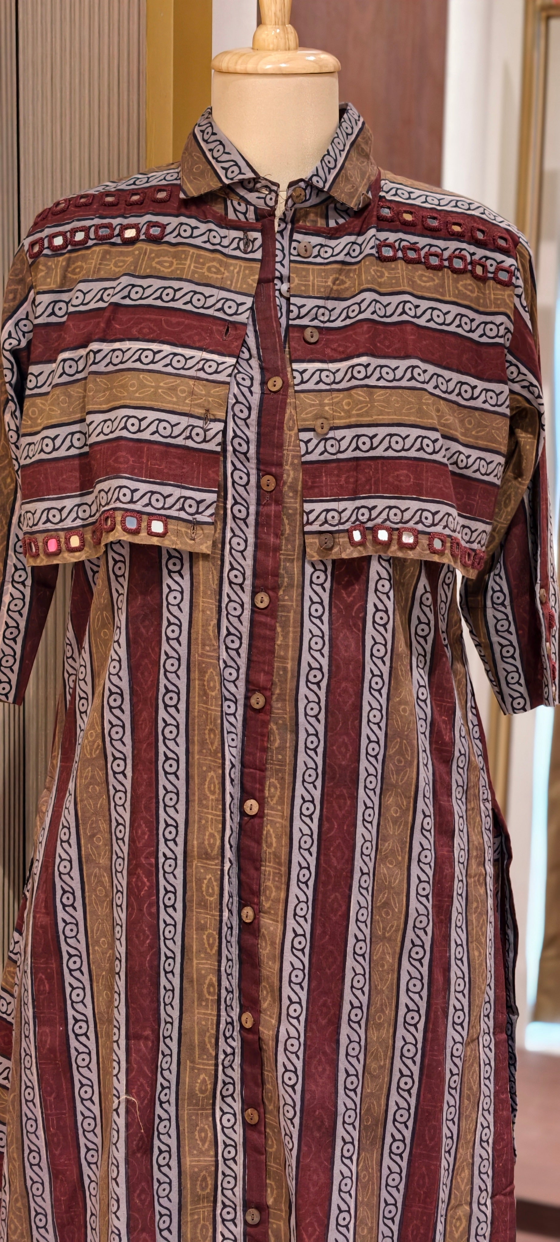 Handloom Cotton 3-Piece Kurta Pant Set with Printed Short attached Jacket Overlay-14191 RB180