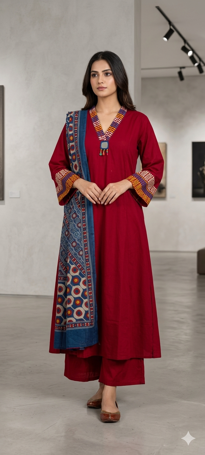 Premium Cotton Ethnic Suit Set with Ajrakh Printed Dupatta & Statement Neck Detailing 13915 RB38