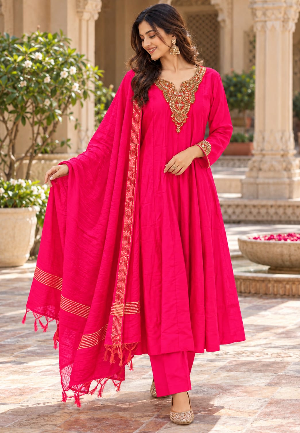 Elegant Noor Golden Embroidery Neckline Surat Mul-Chanderi Panel Anarkali Full Suit Set with Dupatta- 16920,16921