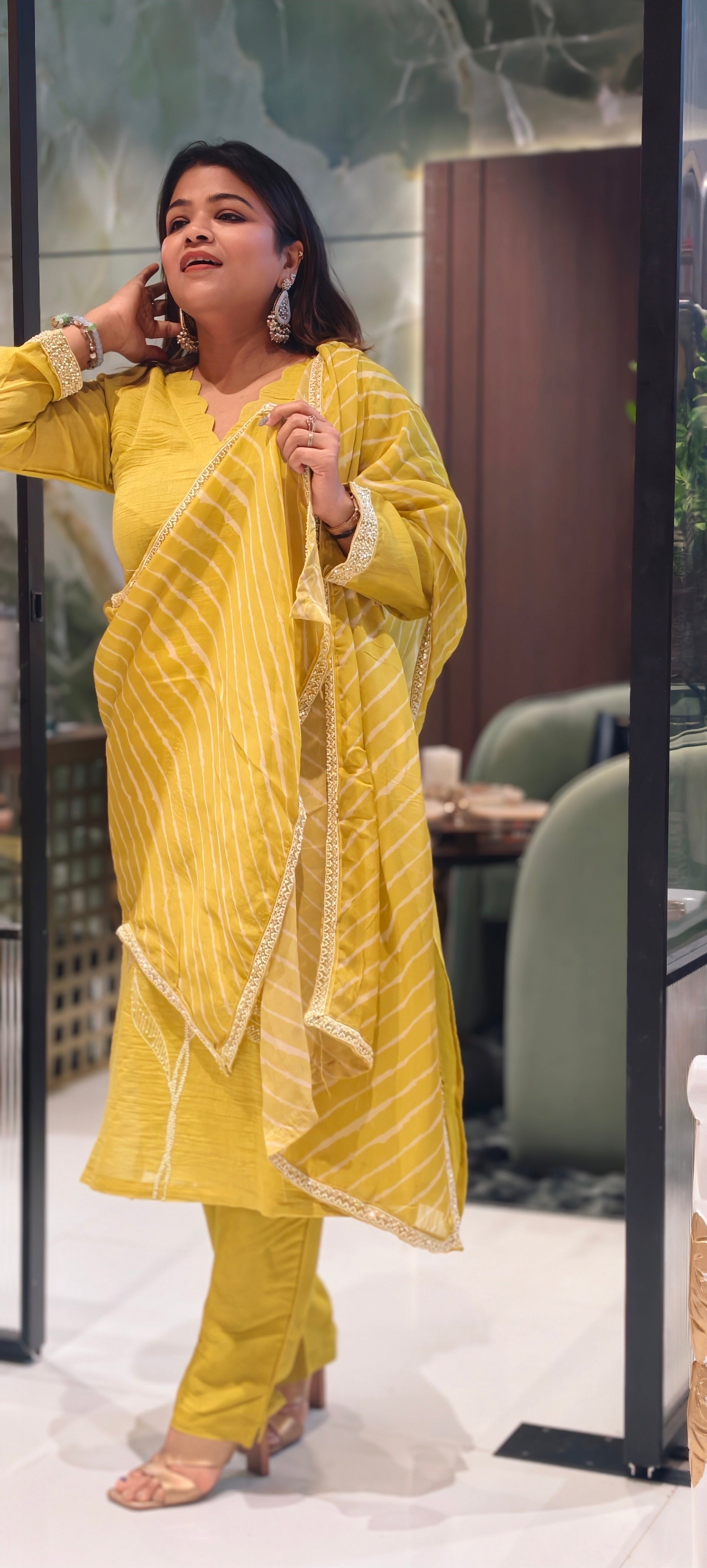 Mustard Yellow Floral Embroidered Kurta Pant Set with Striped Organza Dupatta Fabric Pure Banarasi Mulchanderi -13790