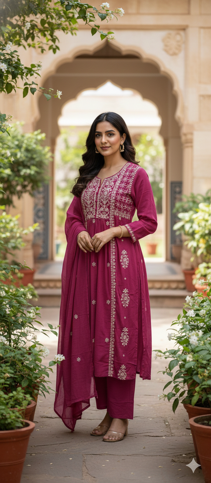 Chikankari Style Thread Embroidered Aline Kurta Set with Pants & Dupatta