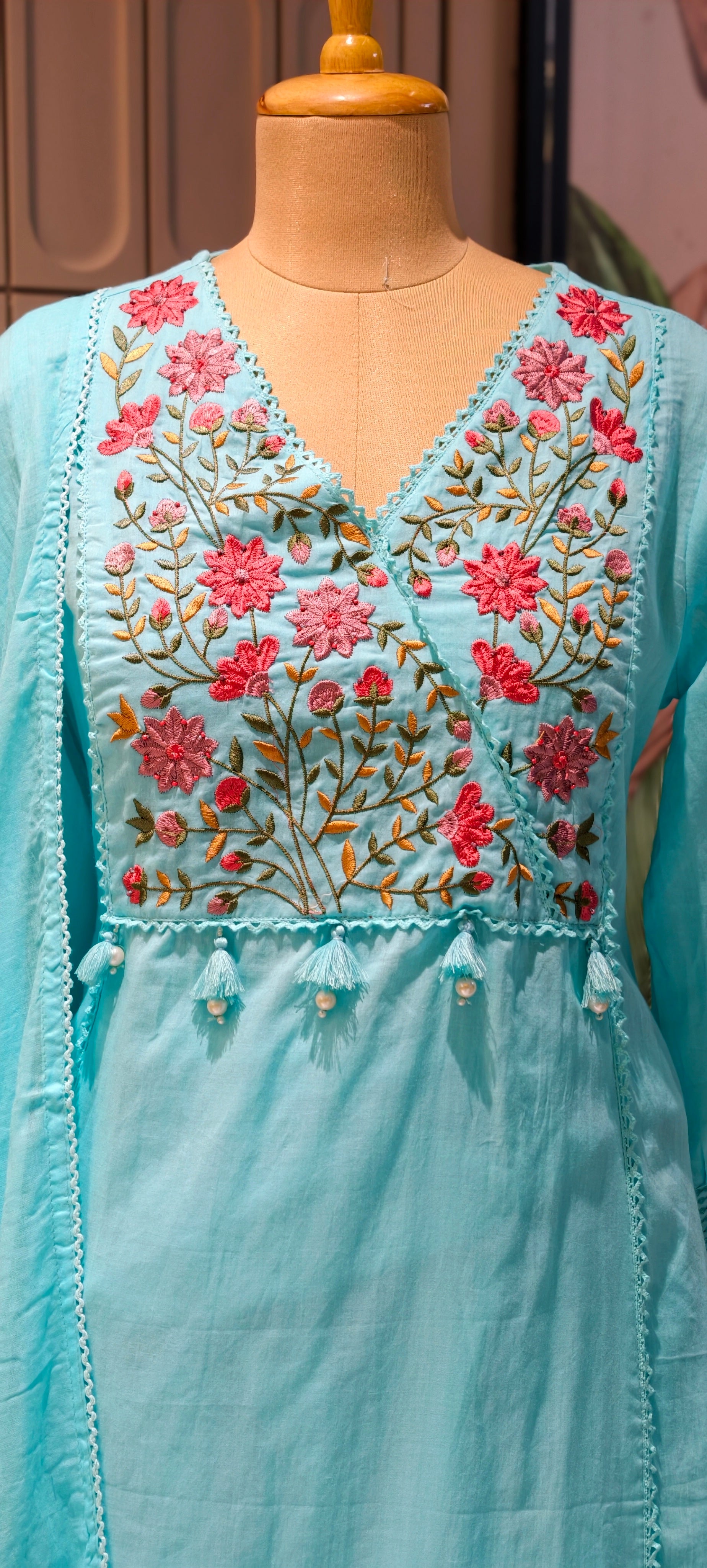 Mul Cotton A-Line Kurta Sets with Embroidered Yoke, Straight Pants and Dupatta-13881