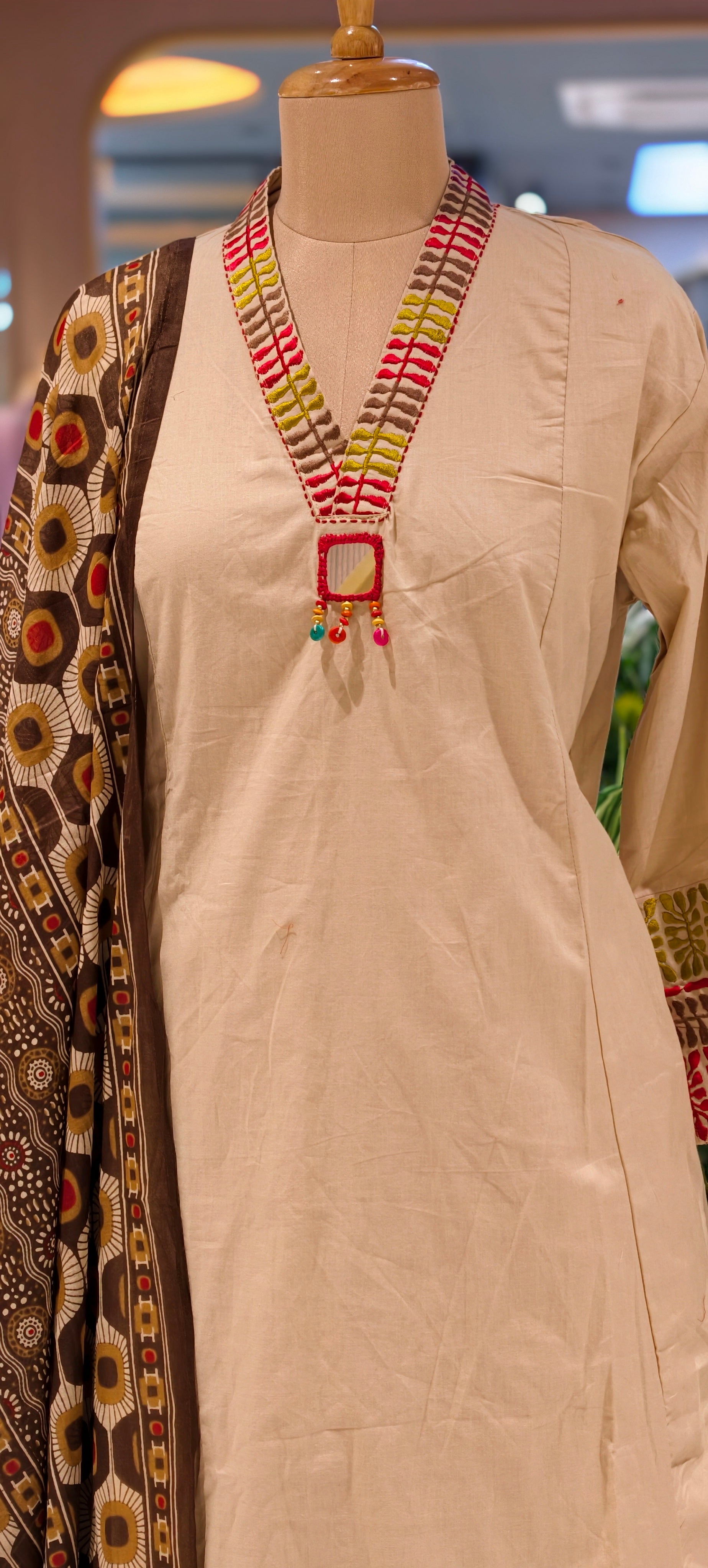 Premium Cotton Ethnic Suit Set with Ajrakh Printed Dupatta & Statement Neck Detailing 13915 RB38
