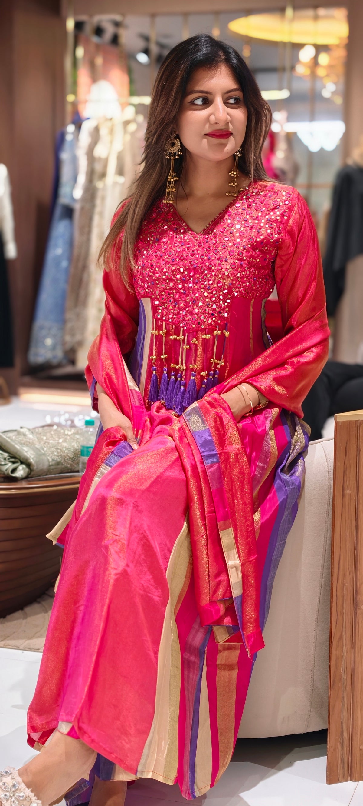 Orange Tissue Mirror Work Panel Anarkali Full Suit Set with Ghungroo Tassel Yoke Detailing & Striped Side Panels- 16231