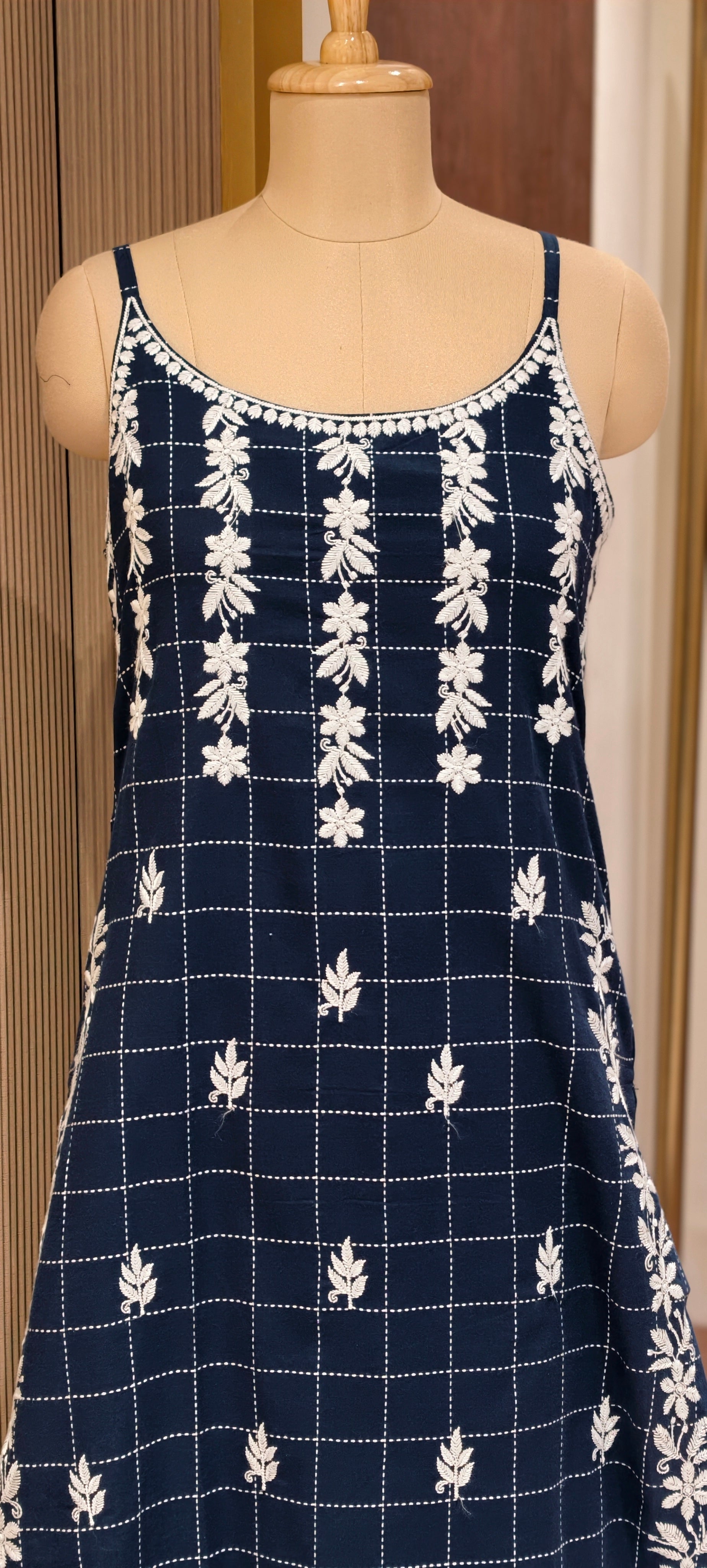 Checks Indigo Handloom Cotton Noodle Strap Kurta Set with Floral Buta Print Loose Pants-14189 RB172