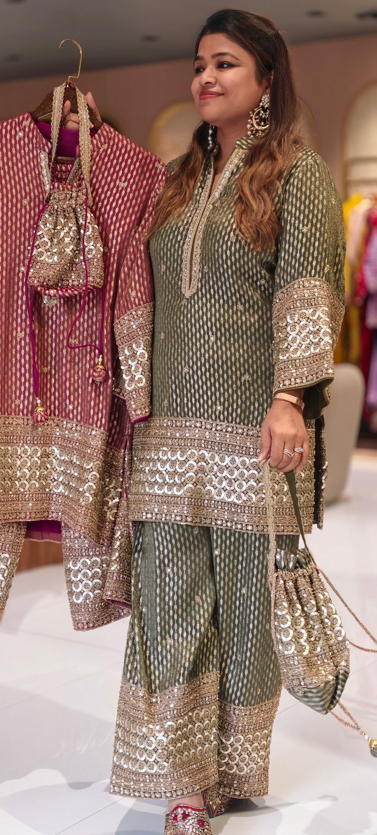 Crimson Sage Abstract Printed Short Kurta Set with Heavy Circle Lace Embroidered Borders & Flared Palazzo Pants-