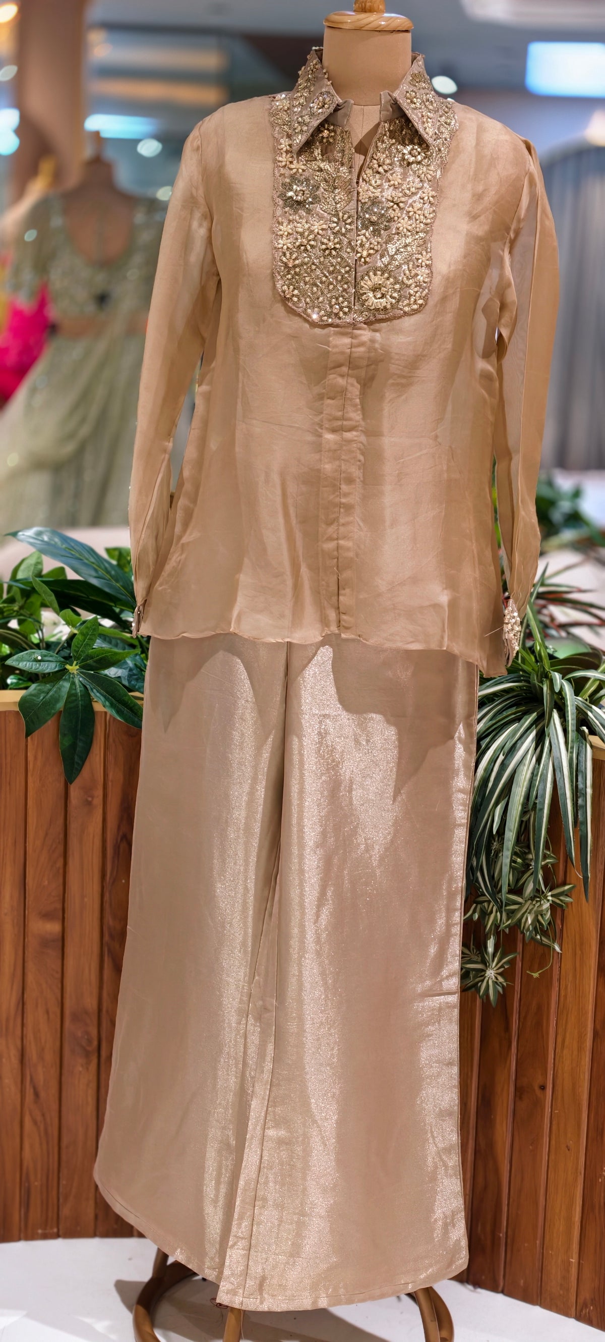Elegant Champagne Gold Tissue Cord Set with Bustier, Designer Embroidered Shirt & Stylish Tissue Tapered Palazzo Pants- 16894