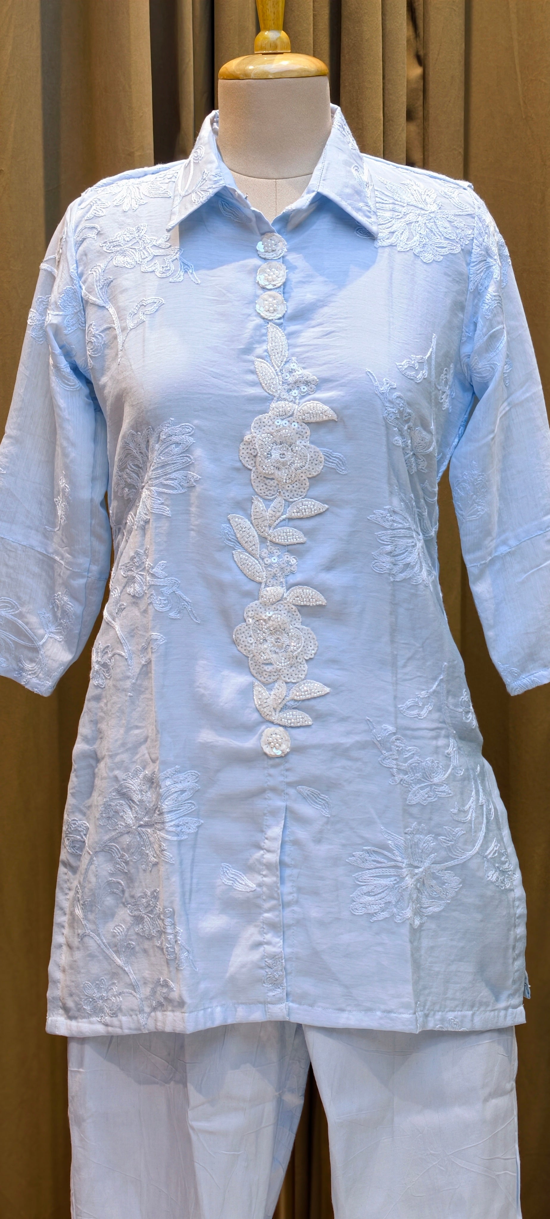 Pearl White Floral Embroidered Premium Cotton Co-Ord Set With Tiny Pearl & Sequin Placket- 13829