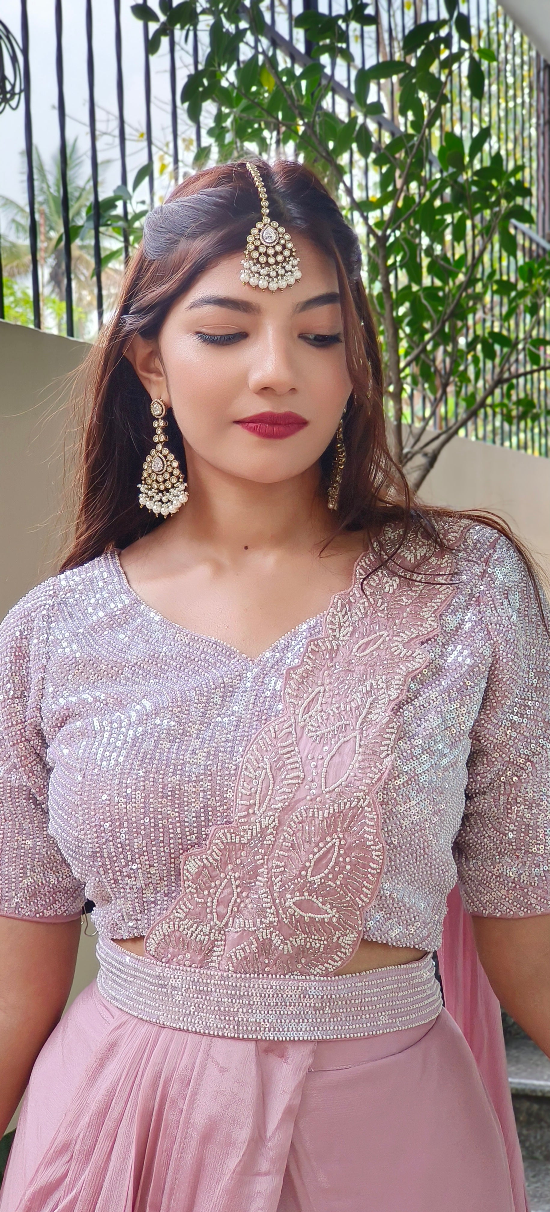 Designer Pearl Heavy Drape Saree in Chinon Fabric with Stiched Padded Blouse and Belt 09092