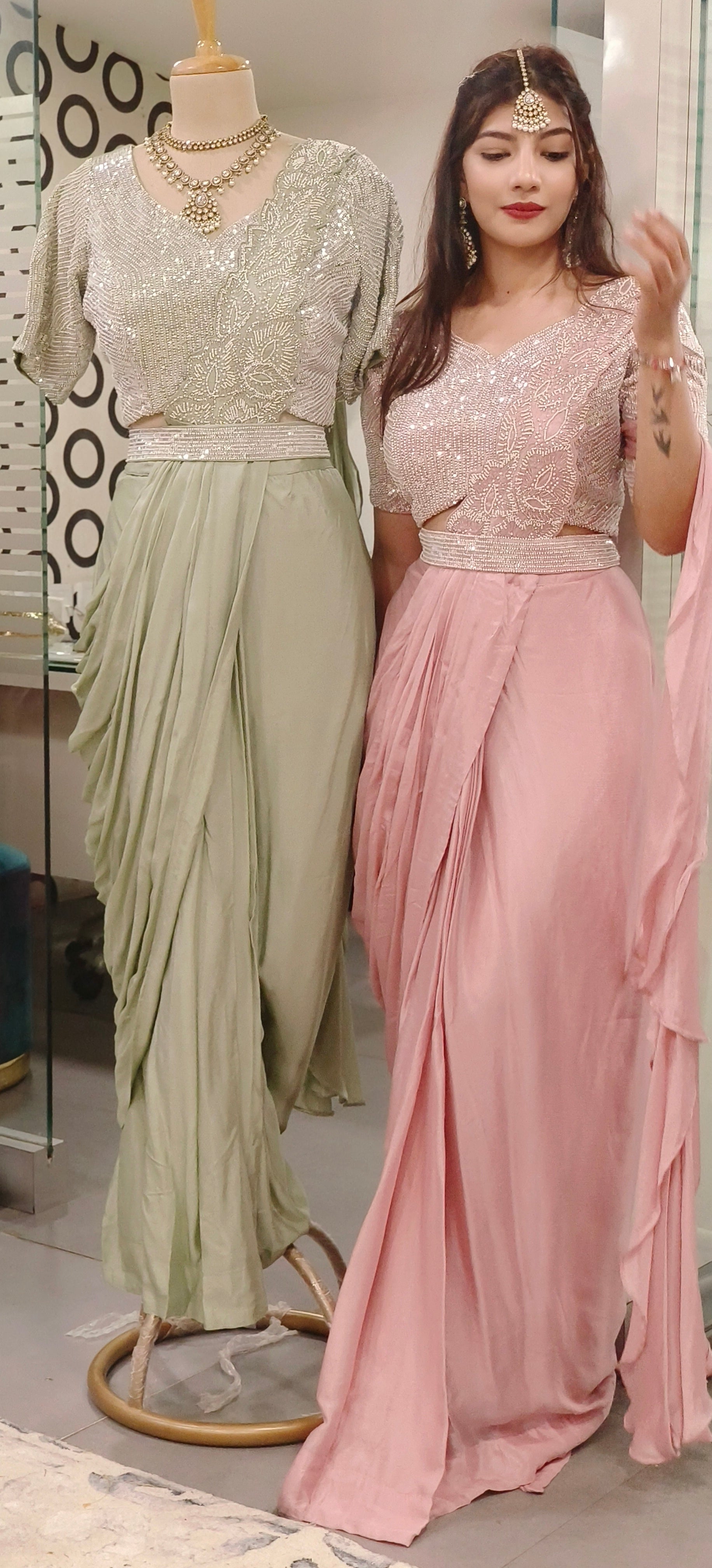 Designer Pearl Heavy Drape Saree in Chinon Fabric with Stiched Padded Blouse and Belt 09092