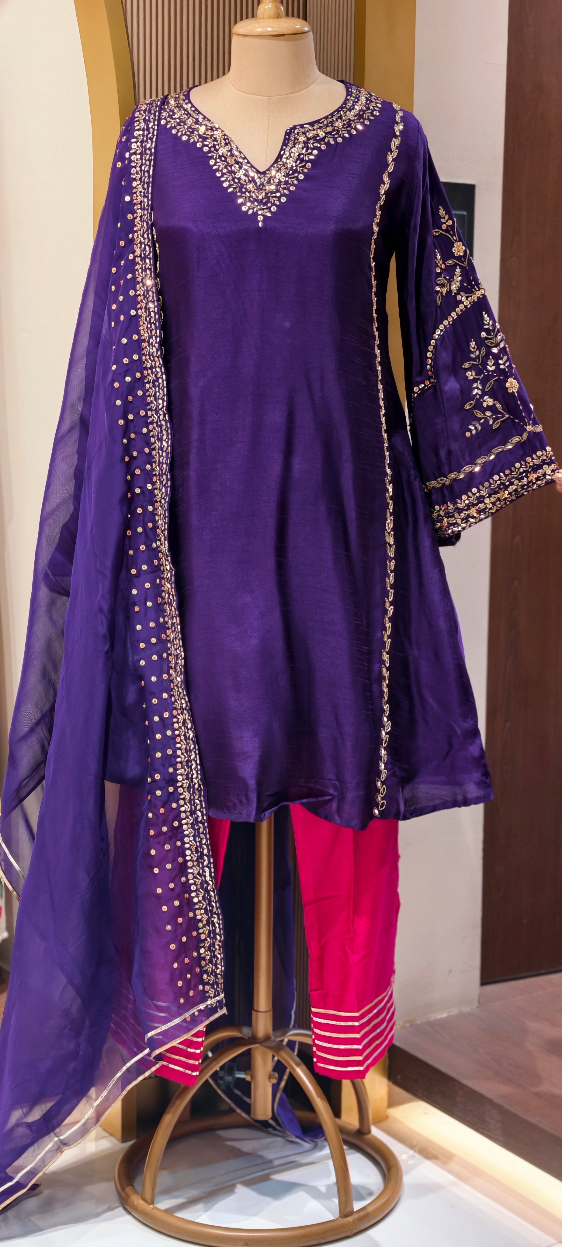 Tiny Sequin Detailing Hand Worked Contrast Mix Vibrant A-Line Full Suit Set With Dupatta In Russian Silk Fabric- 13808