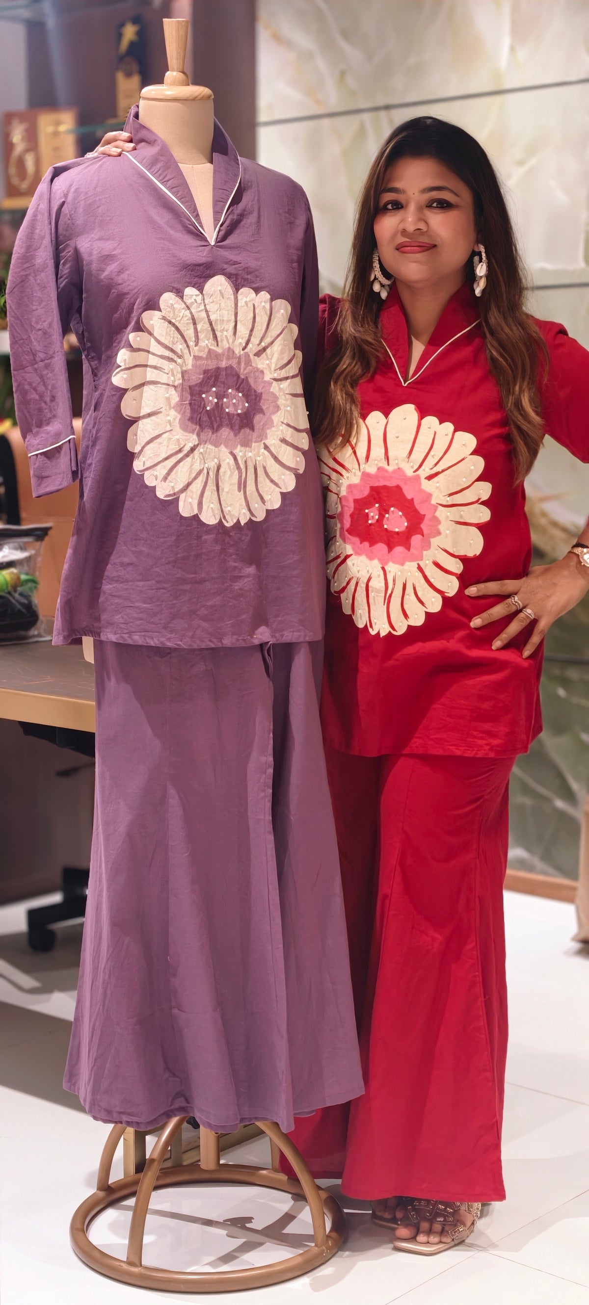 Flower Print Collar Style Huge Floral Patch Cotton Tappered Bottom Co-Ord Set- 16725