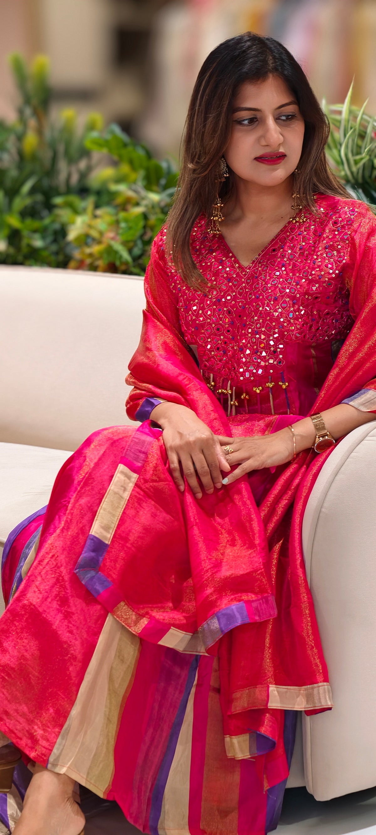 Orange Tissue Mirror Work Panel Anarkali Full Suit Set with Ghungroo Tassel Yoke Detailing & Striped Side Panels- 16231