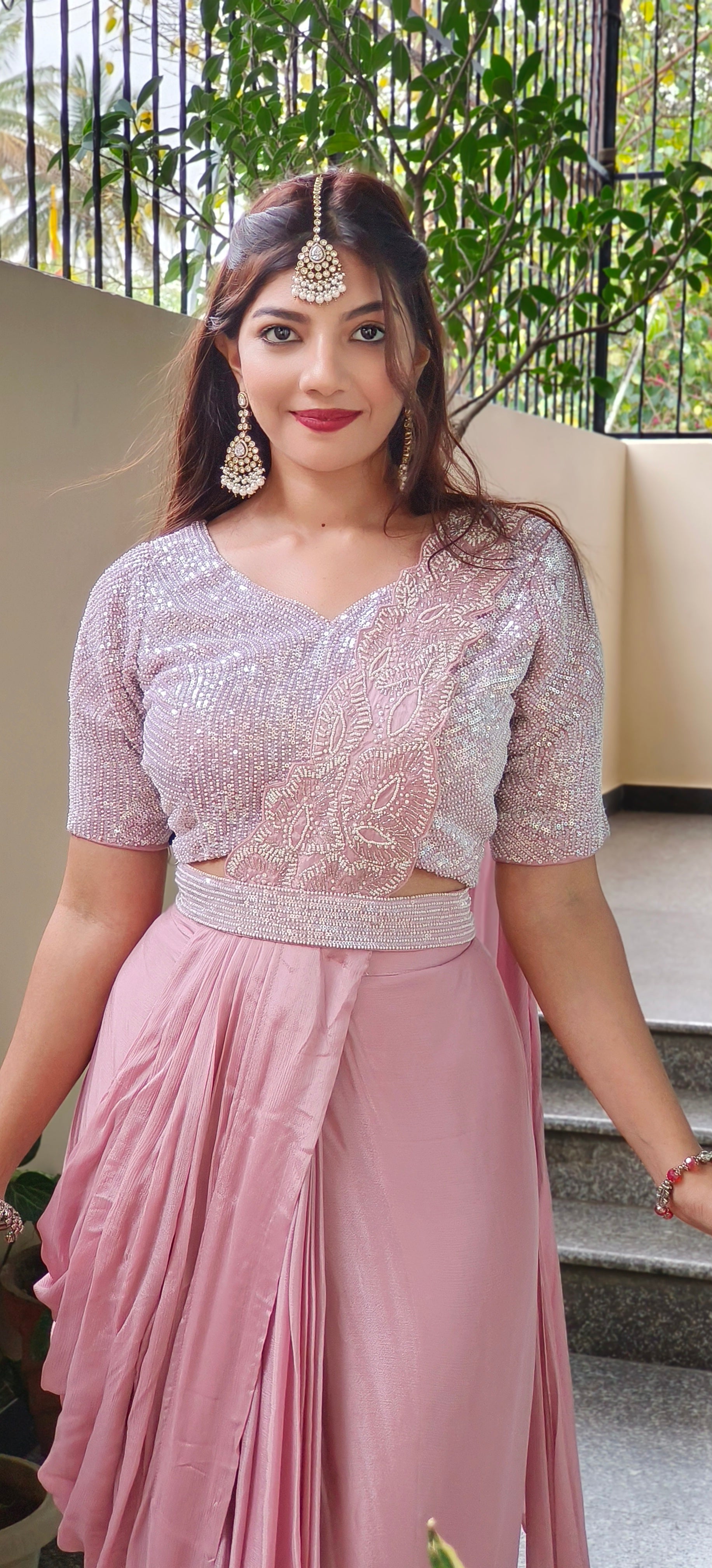 Designer Pearl Heavy Drape Saree in Chinon Fabric with Stiched Padded Blouse and Belt 09092