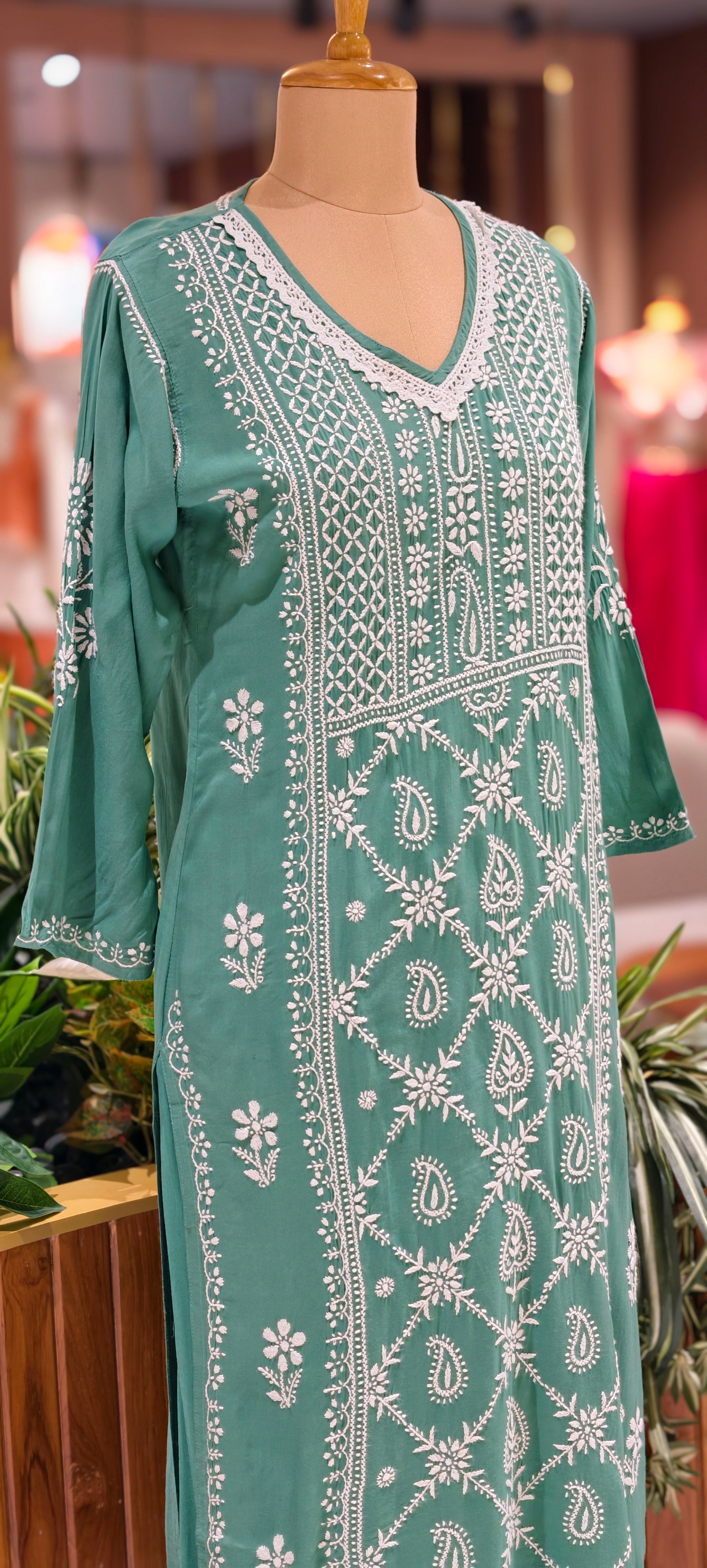 Beautiful Muslin Fabric without Lining Lucknowi style kurta pant set with Intricate White Thread Embroidery -13947