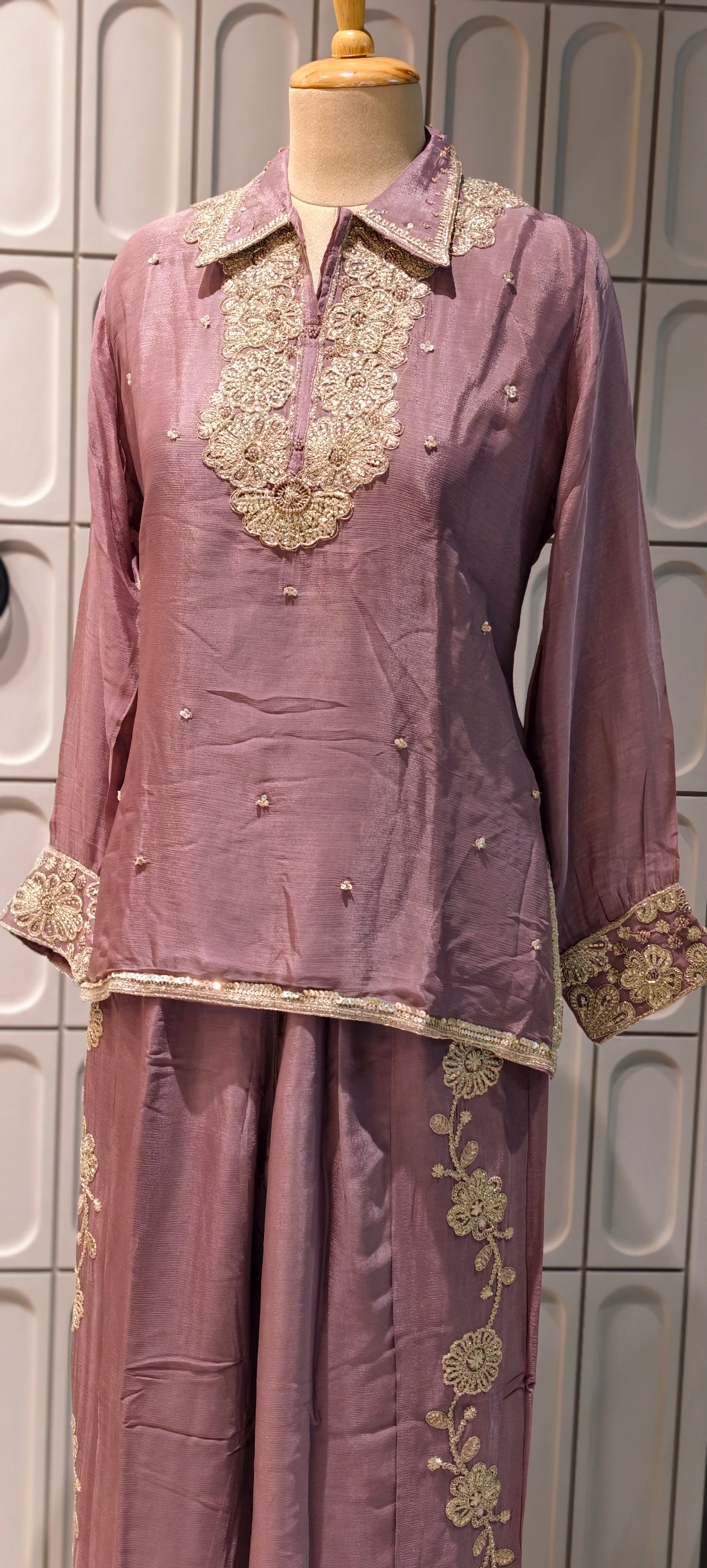 Designer Shirt Style Kurta Luxury Chinon Fabric Co-Ord Set with Intricate Embroidery 13996 RB07