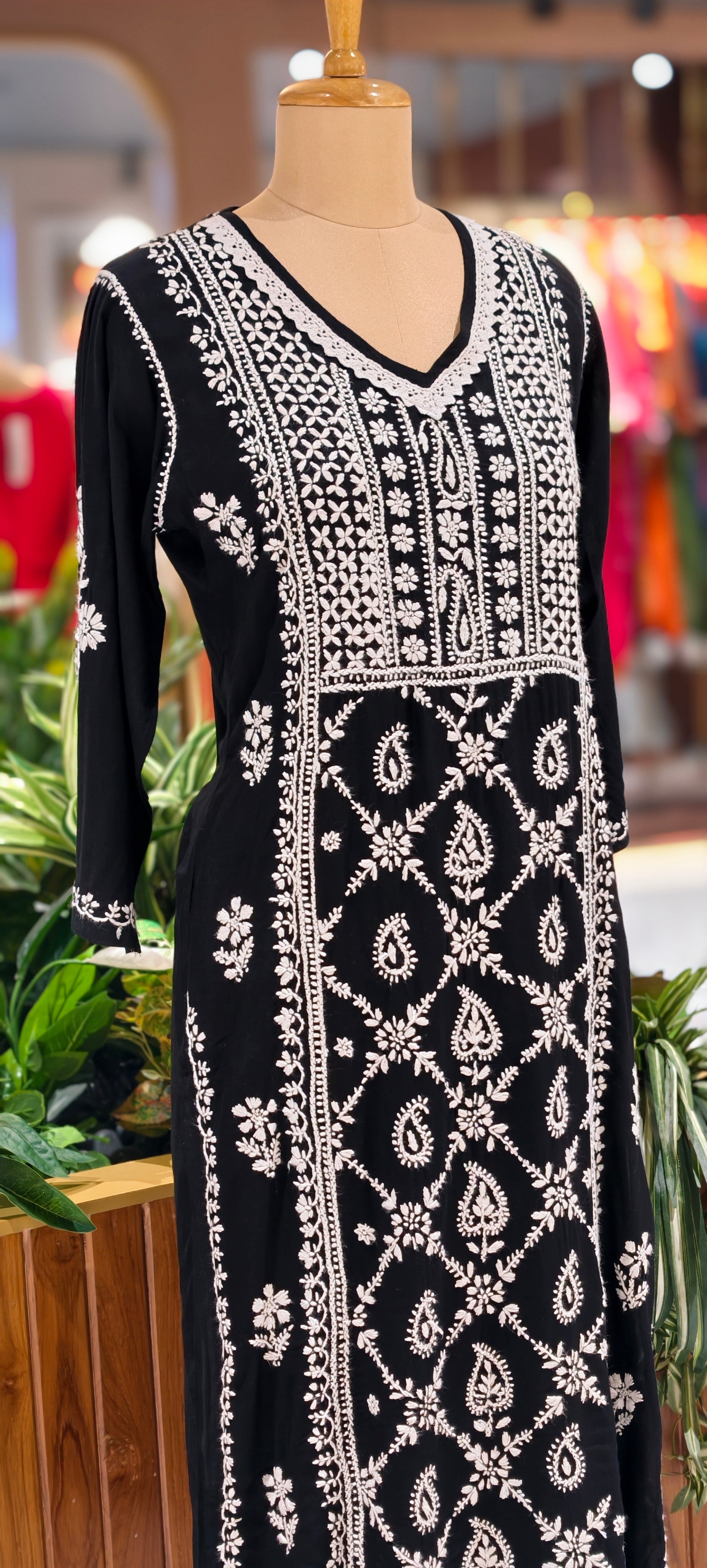 Beautiful Muslin Fabric without Lining Lucknowi style kurta pant set with Intricate White Thread Embroidery -13947