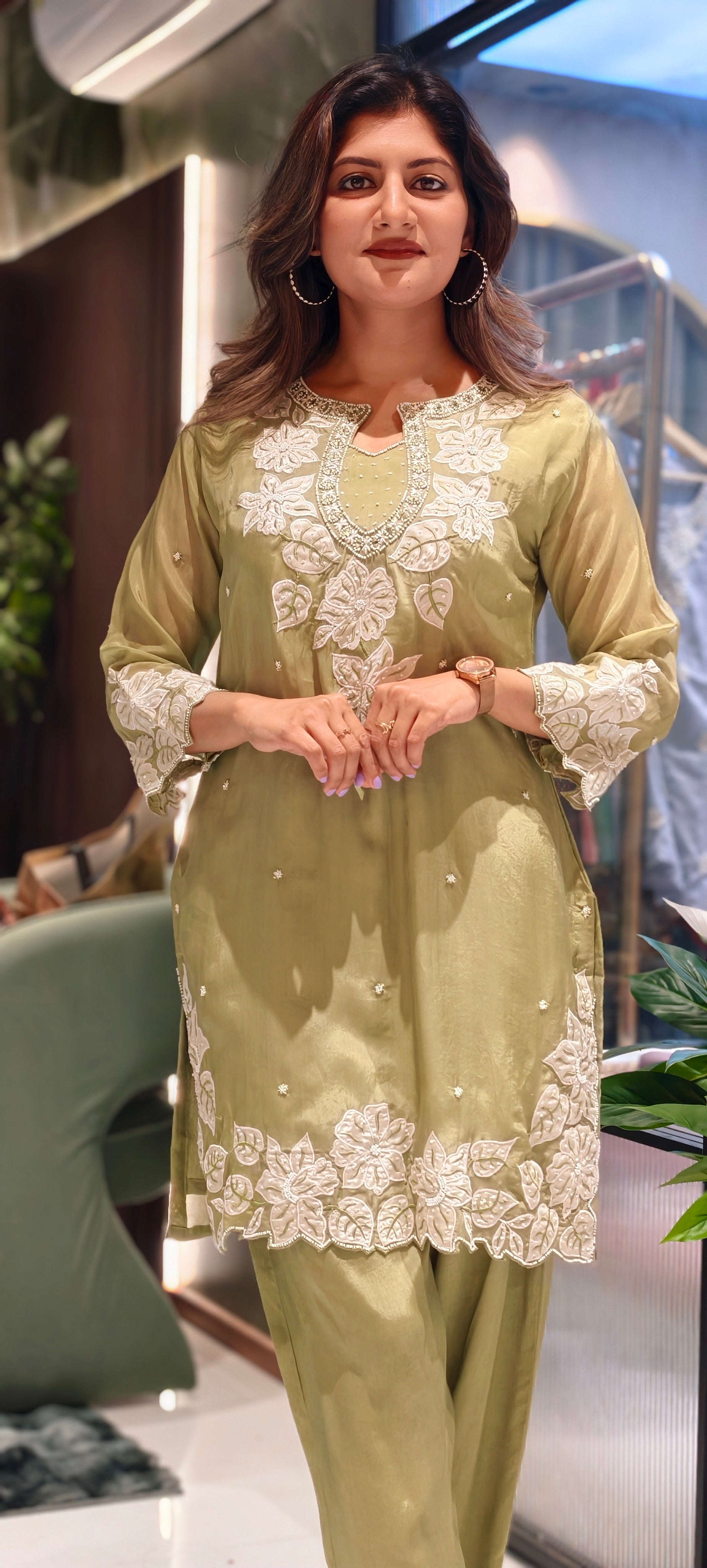 Ethereal Blooms: Hand-Embroidered Organza Silk Co-ord Set with Scalloped Lace Detailing13917