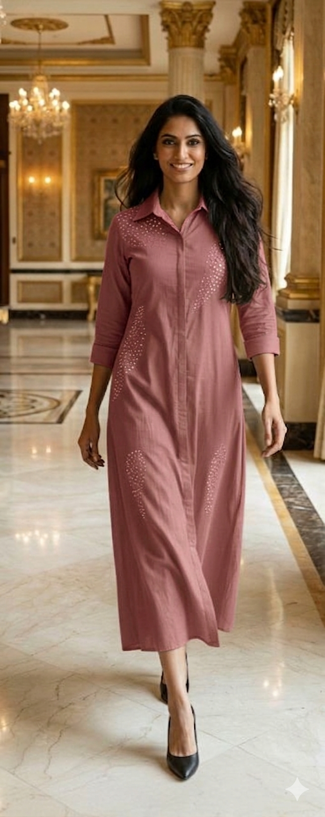 Premium Glaze Cotton Collar Style Shirt Dress With Sparkling Studded Detailing On Front and Sleeve-12781