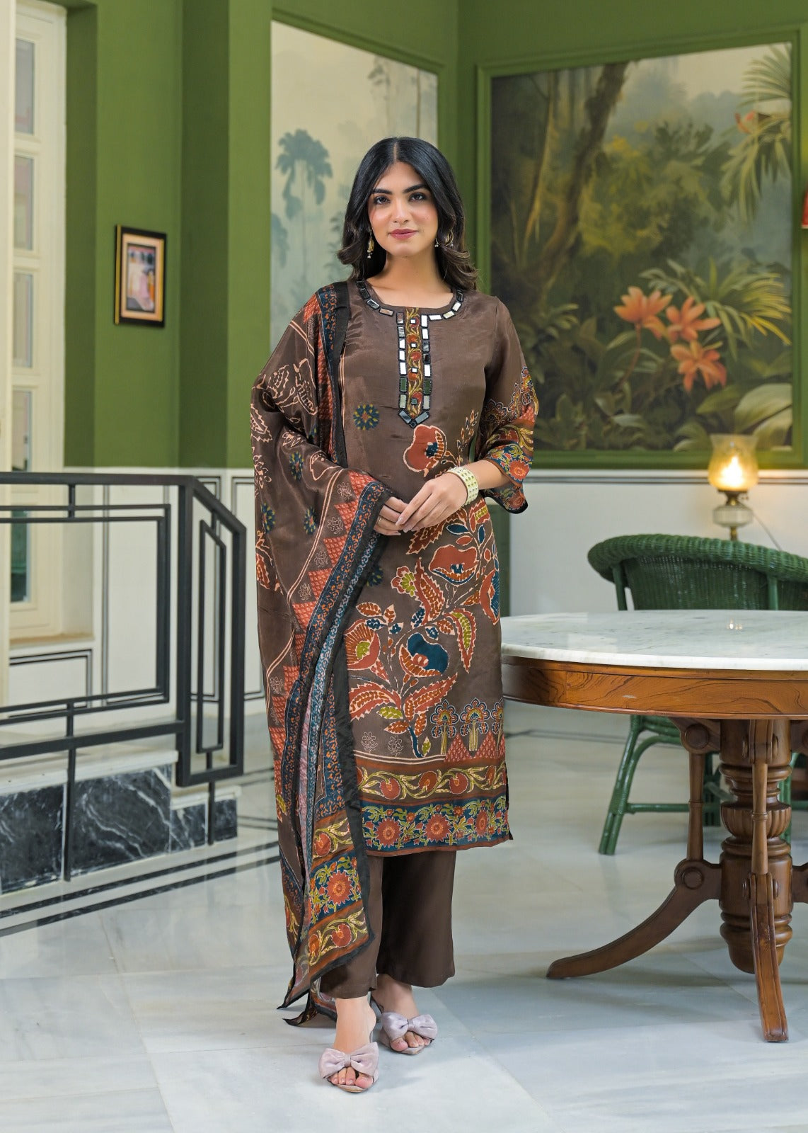 Premium Crepe Printed Suit Set With Real Mirror-Work Neckline, Designer Sleeves & Matching Dupatta-12810,12808