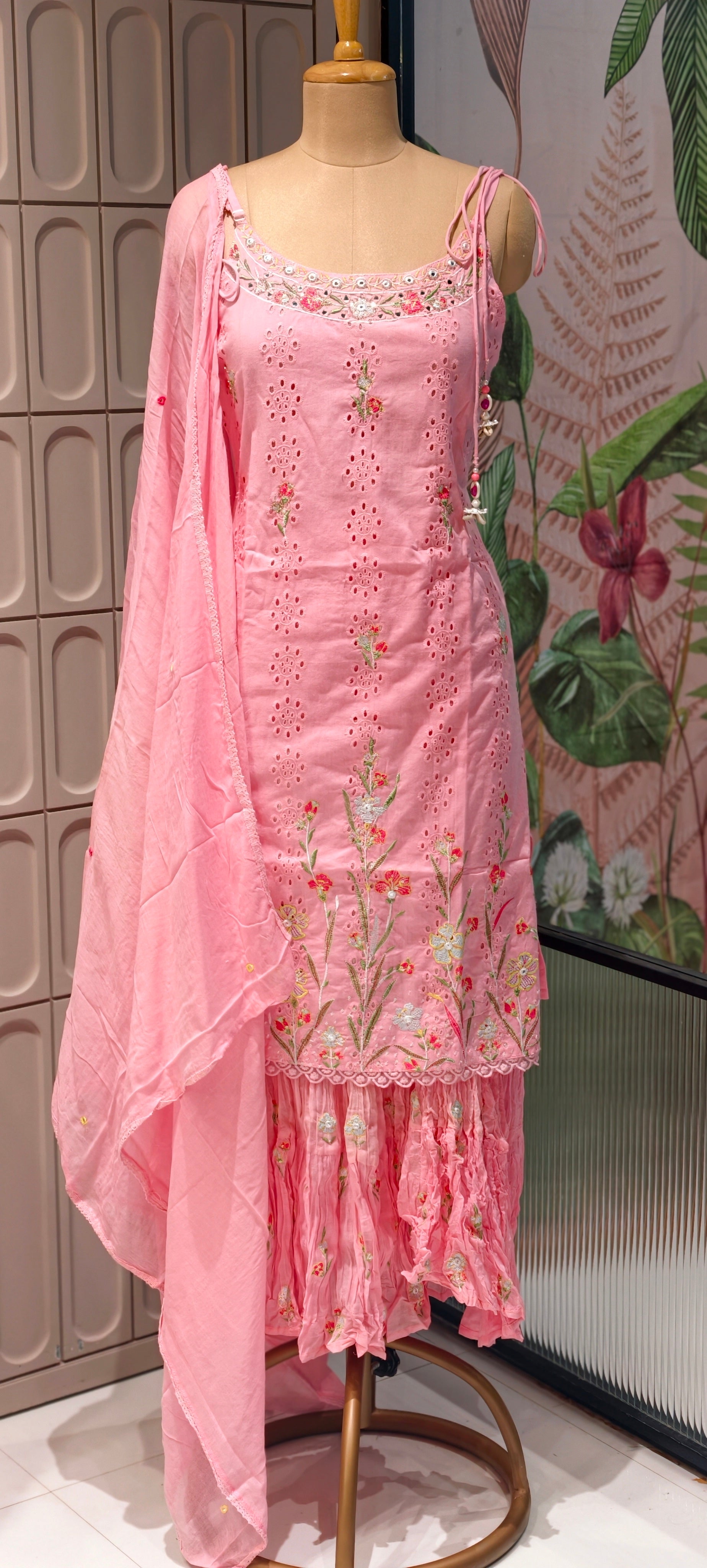 Elegant Sleeveless Noodle Strap Kurti with Skirt Set – Floral Embroidered Designer Suit 13959 RB14