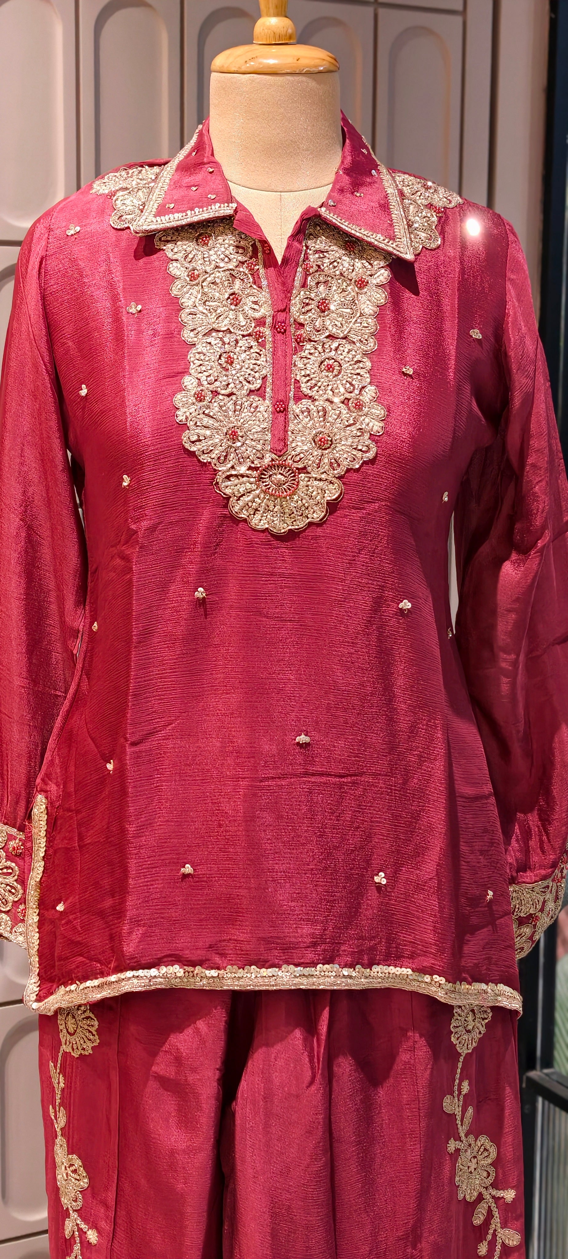 Designer Shirt Style Kurta Luxury Chinon Fabric Co-Ord Set with Intricate Embroidery 13996 RB07
