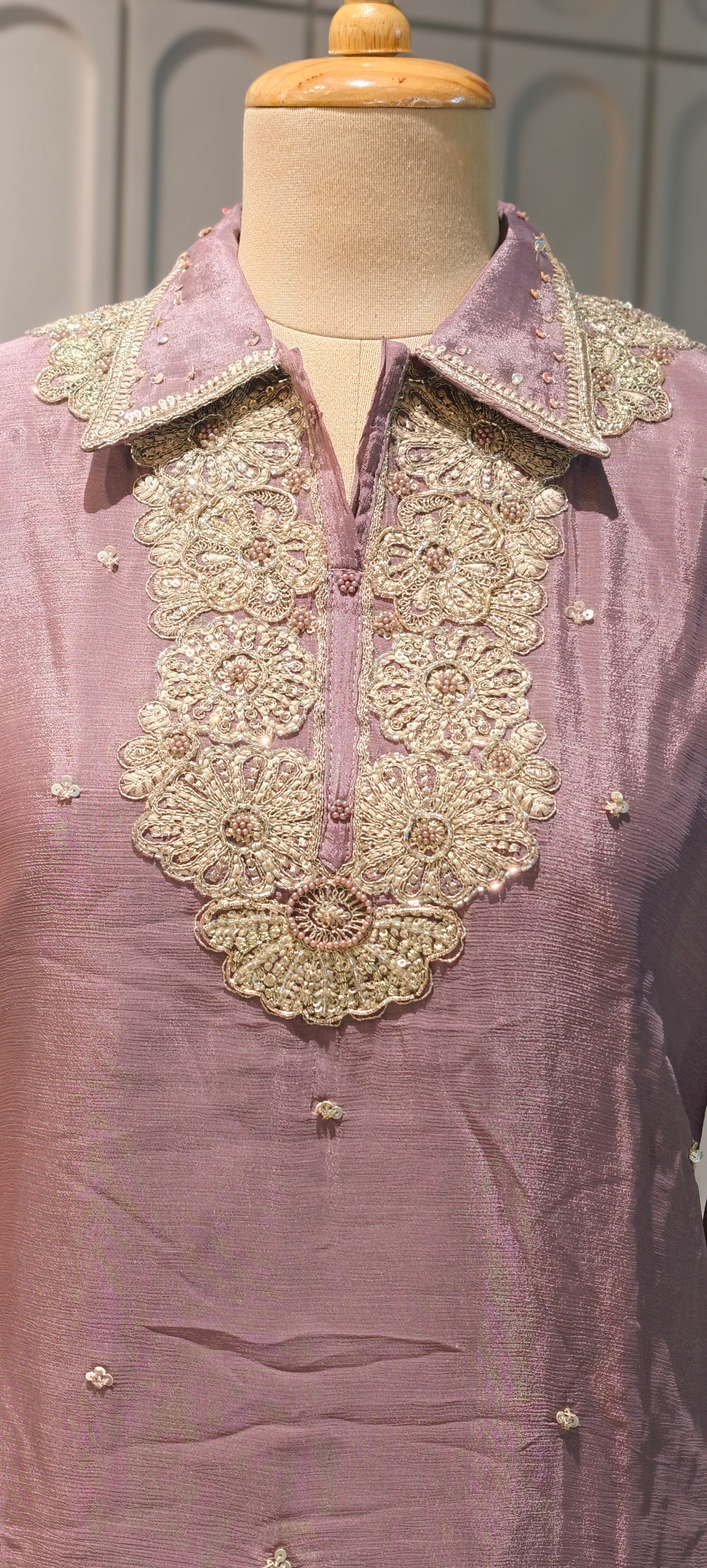 Designer Shirt Style Kurta Luxury Chinon Fabric Co-Ord Set with Intricate Embroidery 13996 RB07