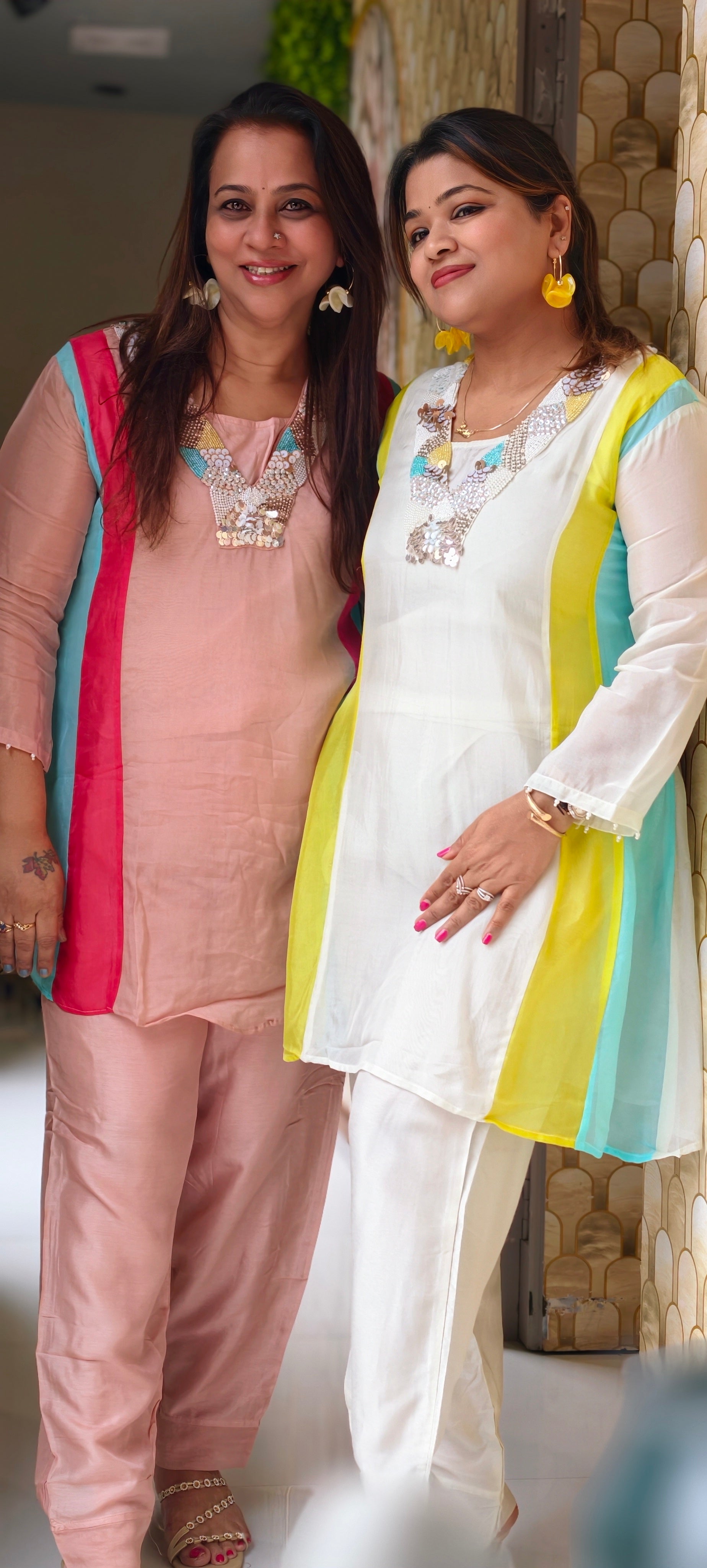 Handcrafted Neck Embroidery Royal Pastel Multicolor Panelled Kurta Pant With Inner- 15850