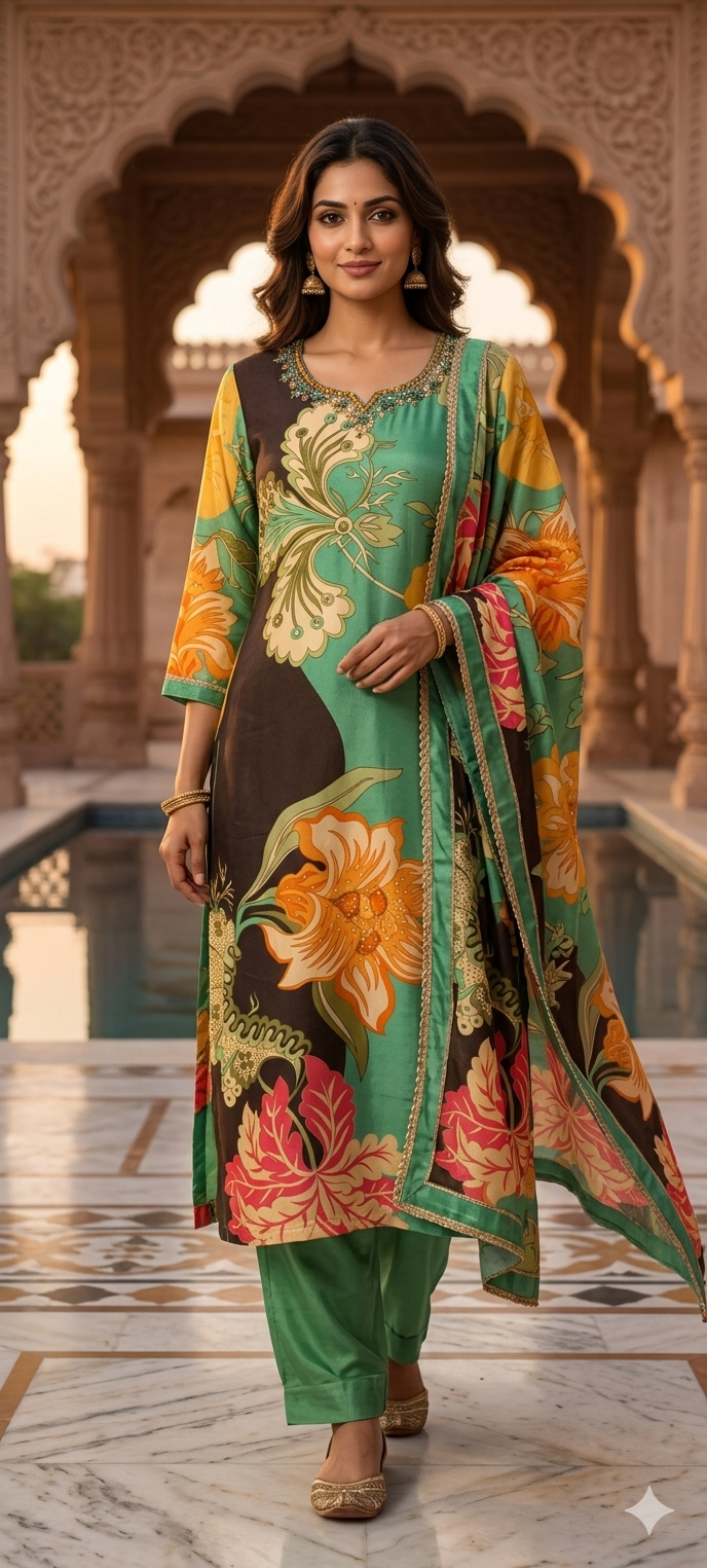 Green & Charcoal Dual-Tone Floral Abstract Print Kurta Set with Hand-Embellished Border