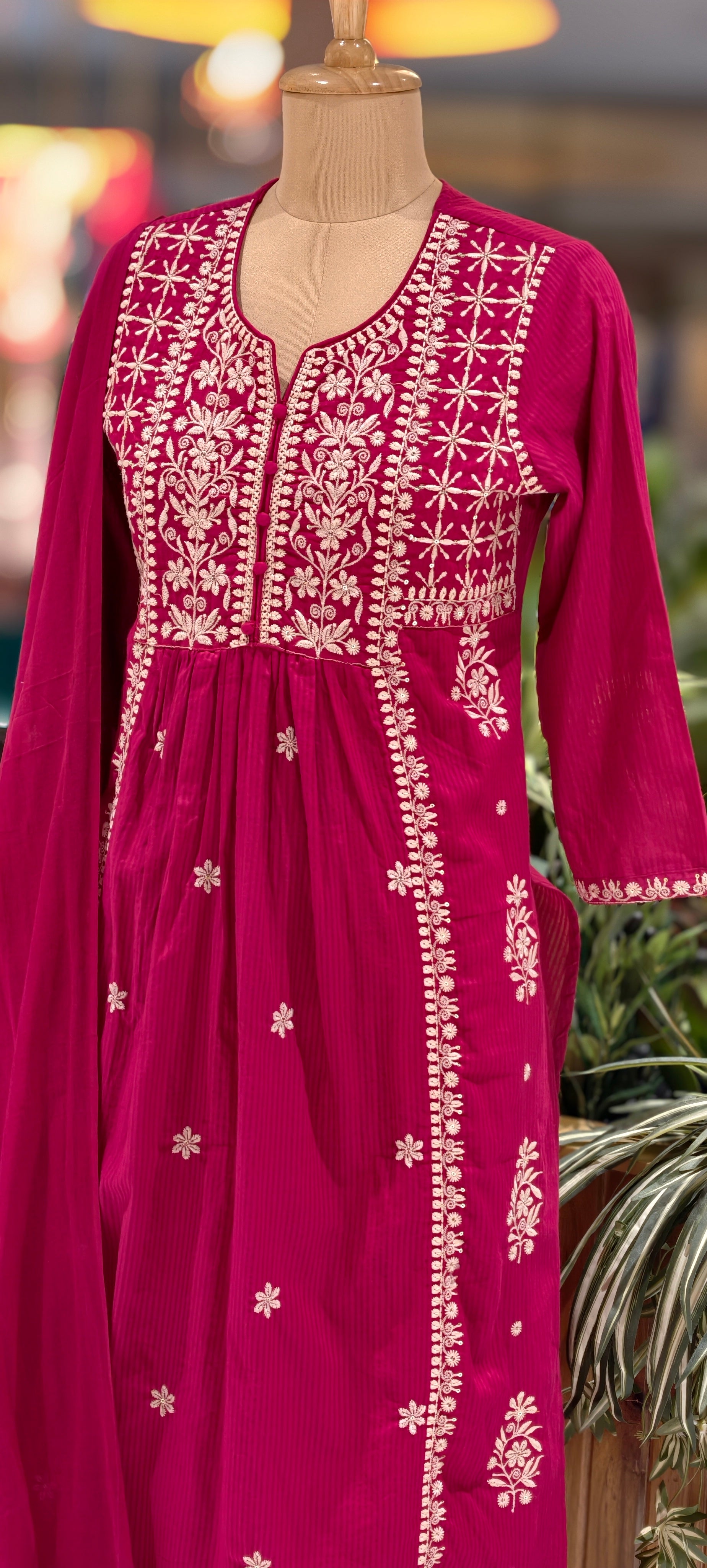 Chikankari Style Thread Embroidered Aline Kurta Set with Pants & Dupatta