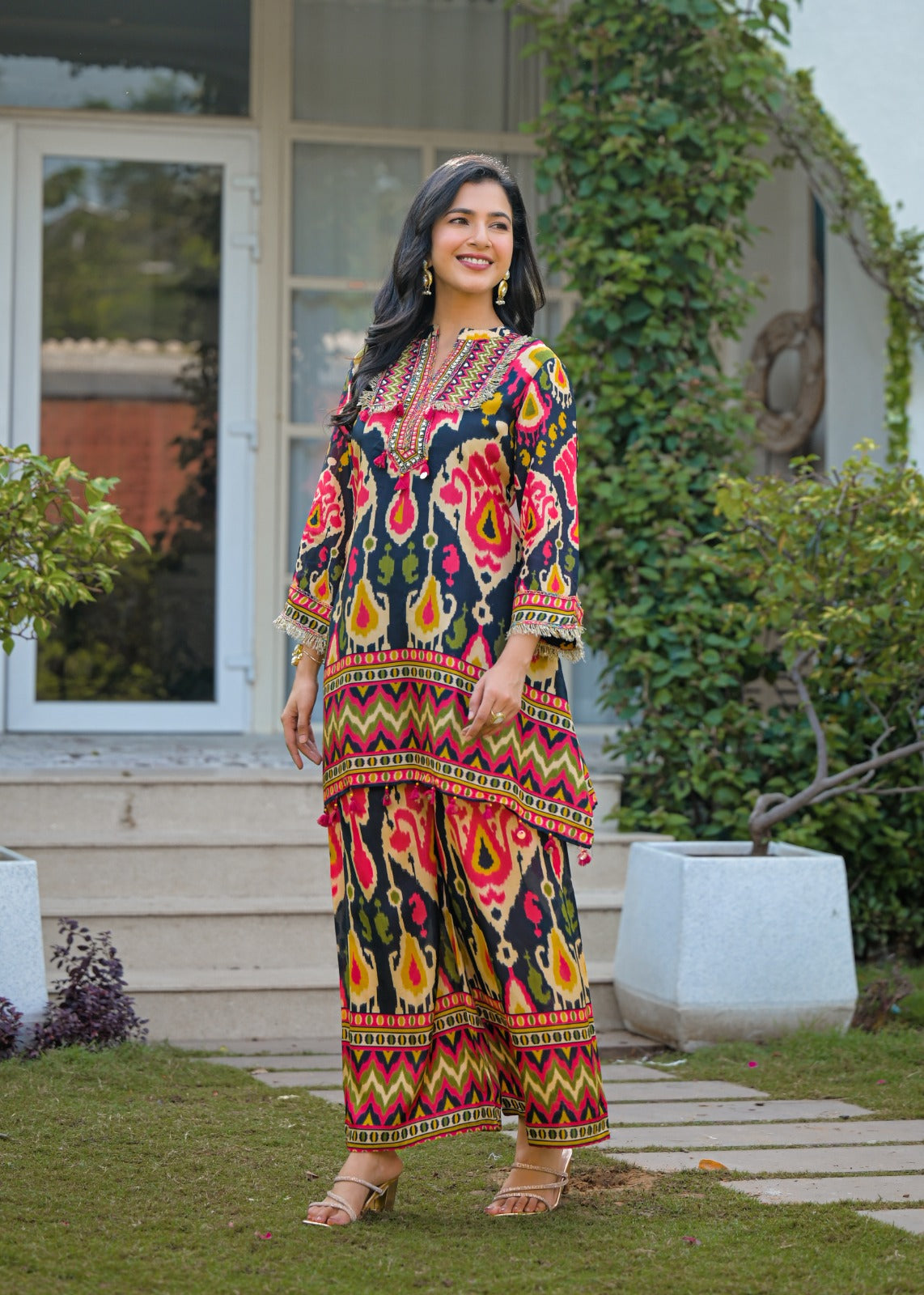 Ikkat Print Hi Low Printed Silk Fabric Cord set